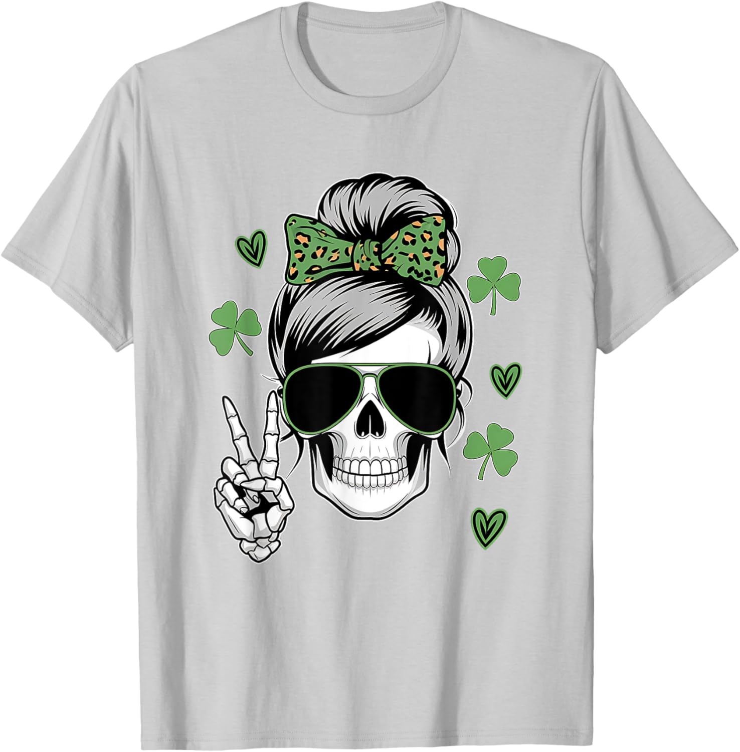 St Patricks Day Skull Messy Bun T-Shirt for Women - Fun and Stylish Wear - 13