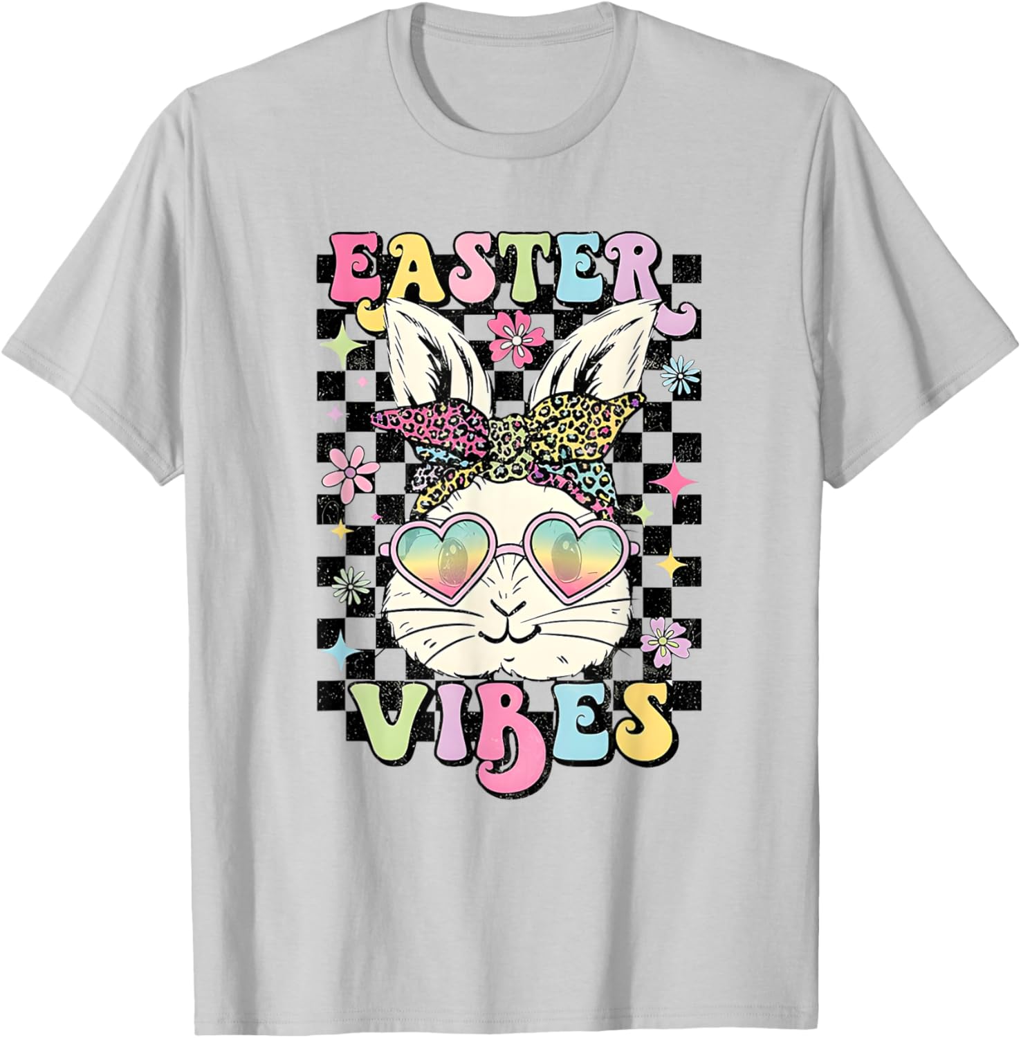 Retro Groovy Easter Vibes Bunny Checkered T-Shirt for Women and Girls - 6
