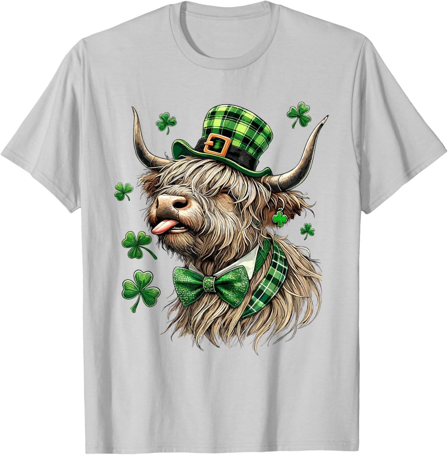 St. Patrick's Day Highland Cow T-Shirt with Lucky Shamrock Design - 6