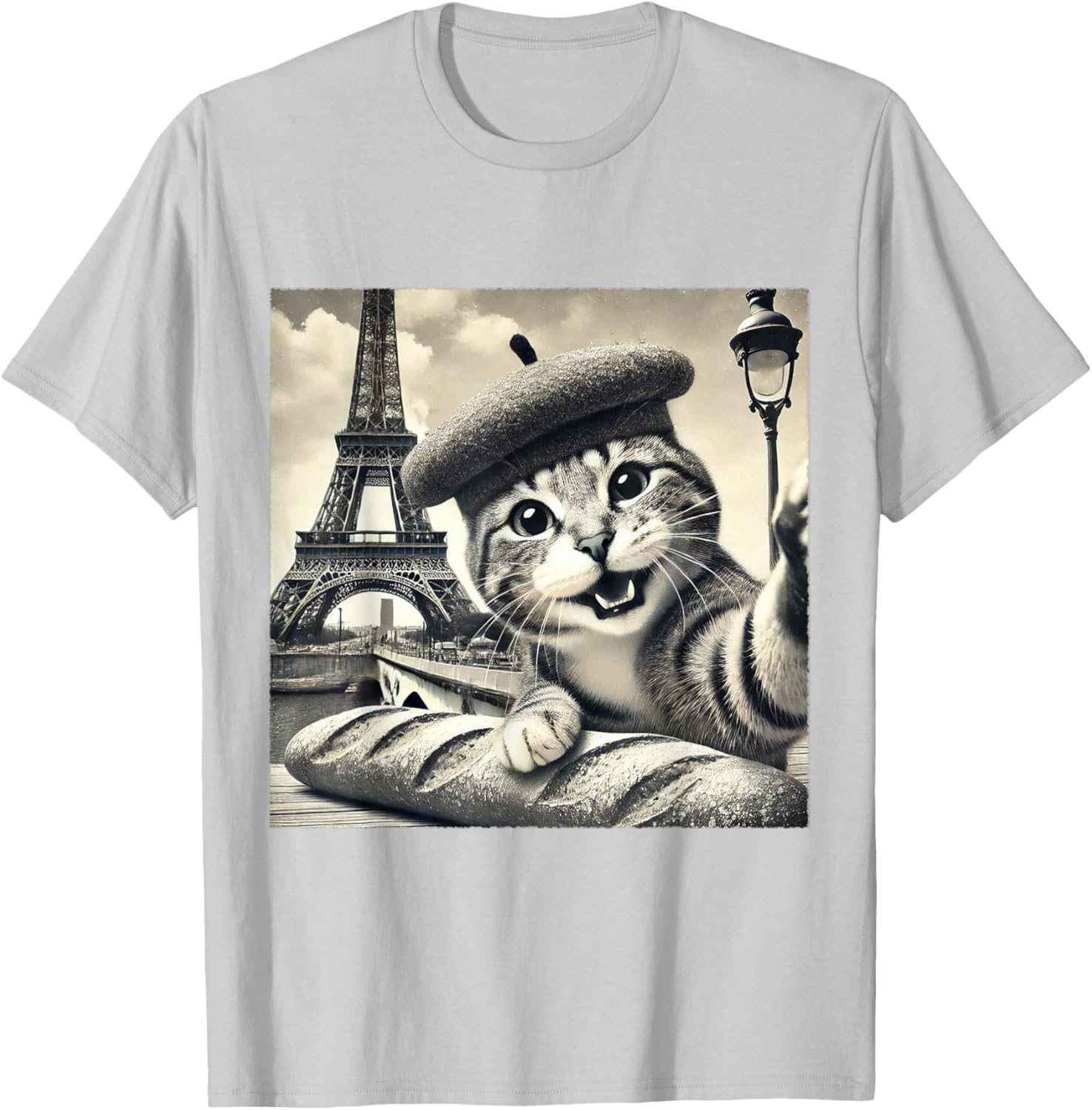 Funny Paris Cat in Beret with Baguette Eiffel Tower T-Shirt for Cat Lovers - 3