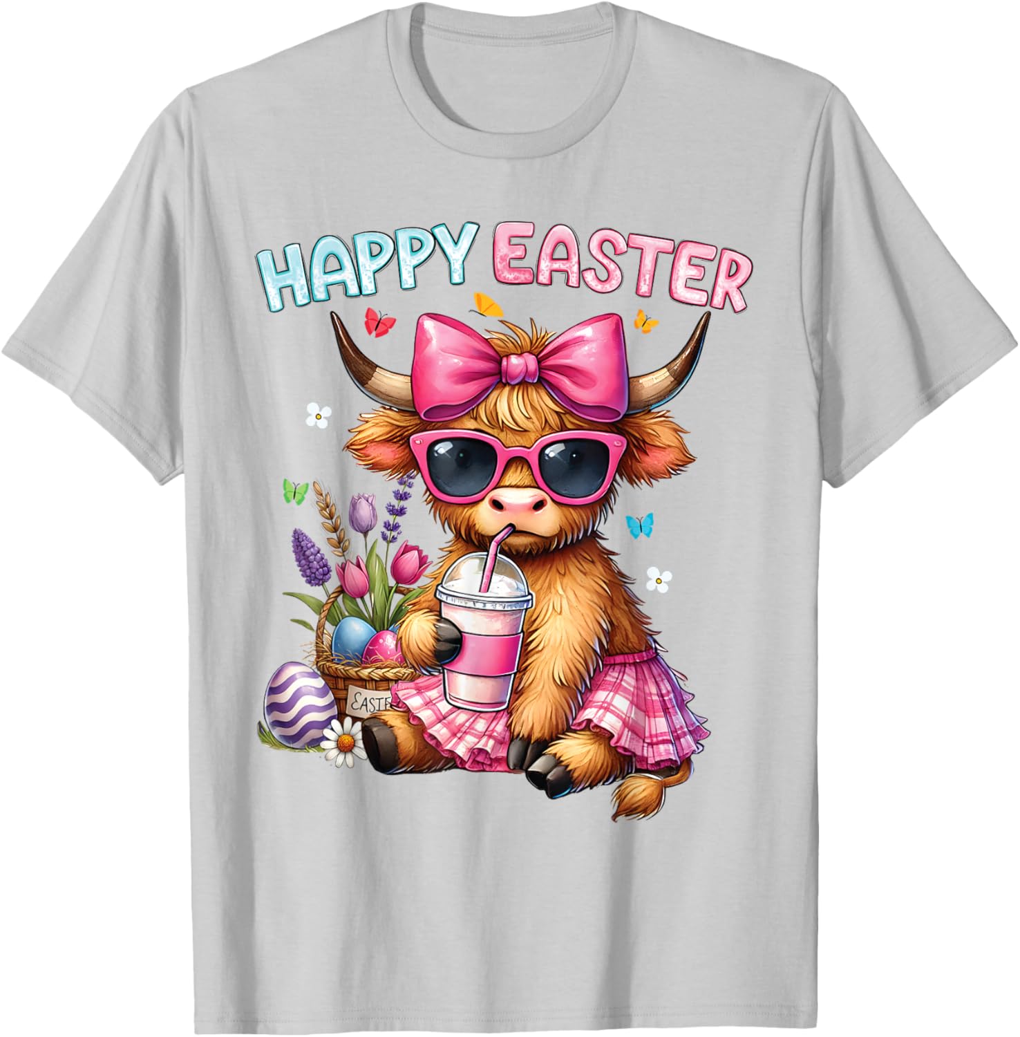 Happy Easter Highland Cow Bunny T-Shirt for Women and Kids - 5