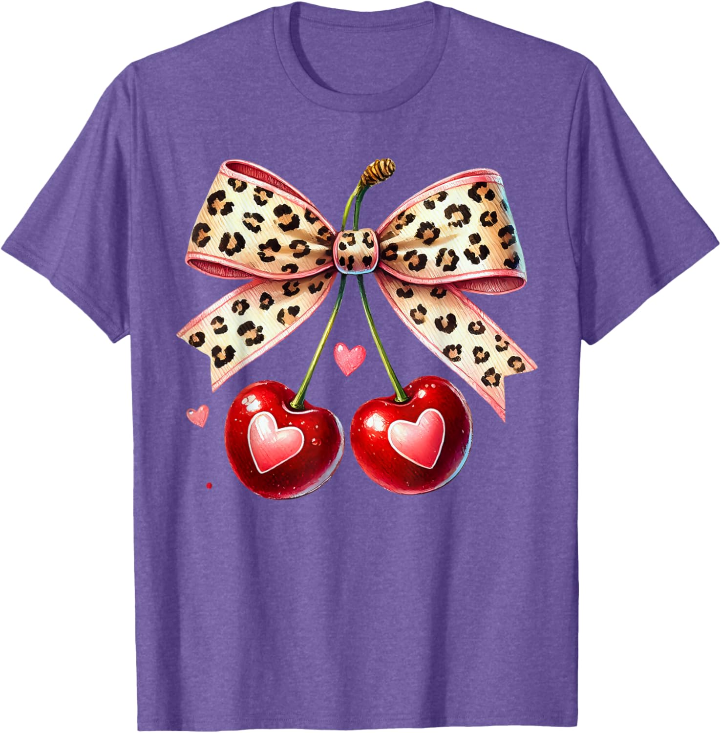 Coquette Cherry Heart Leopard Ribbon Bow T-Shirt for Valentine's Day - 1
