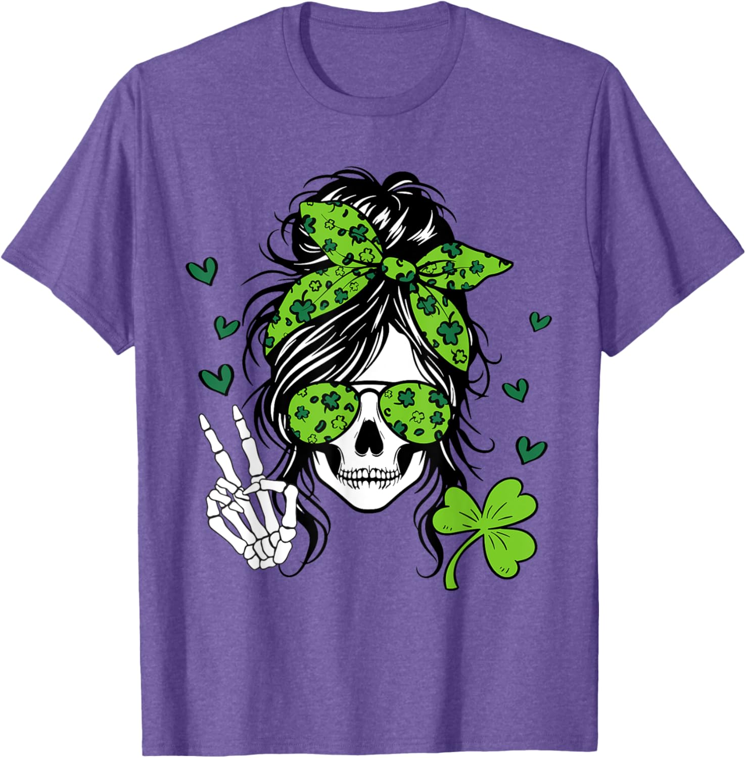 Lucky Irish Skull Girl T-Shirt for St. Patrick's Day with Messy Bun Design - 10