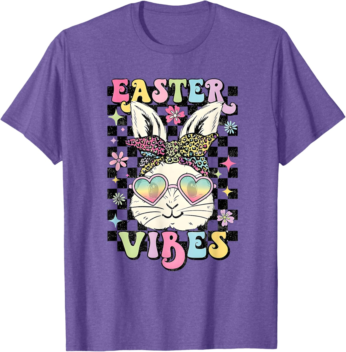 Retro Groovy Easter Vibes Bunny Checkered T-Shirt for Women and Girls - 3