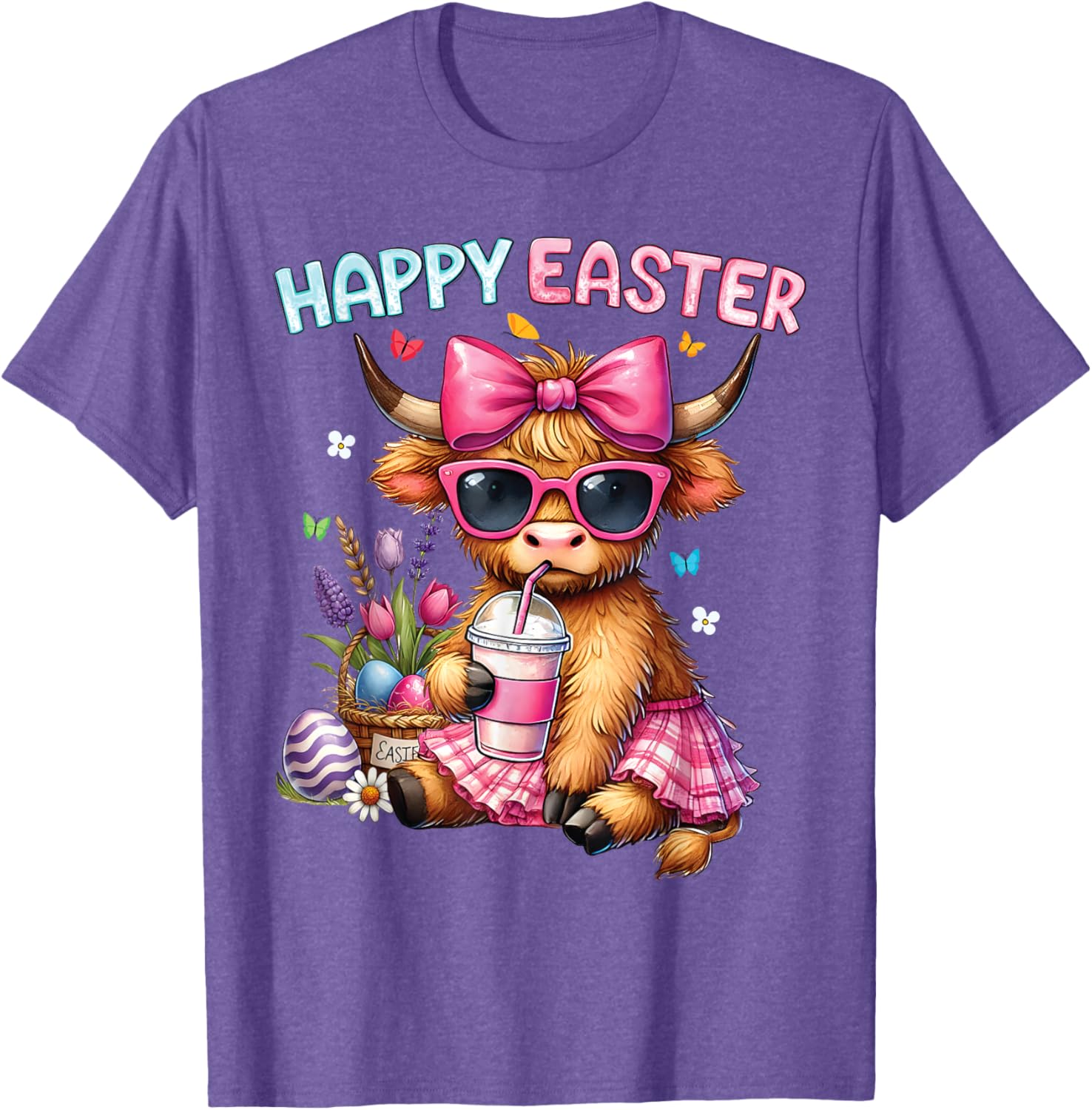 Happy Easter Highland Cow Bunny T-Shirt for Women and Kids - 19