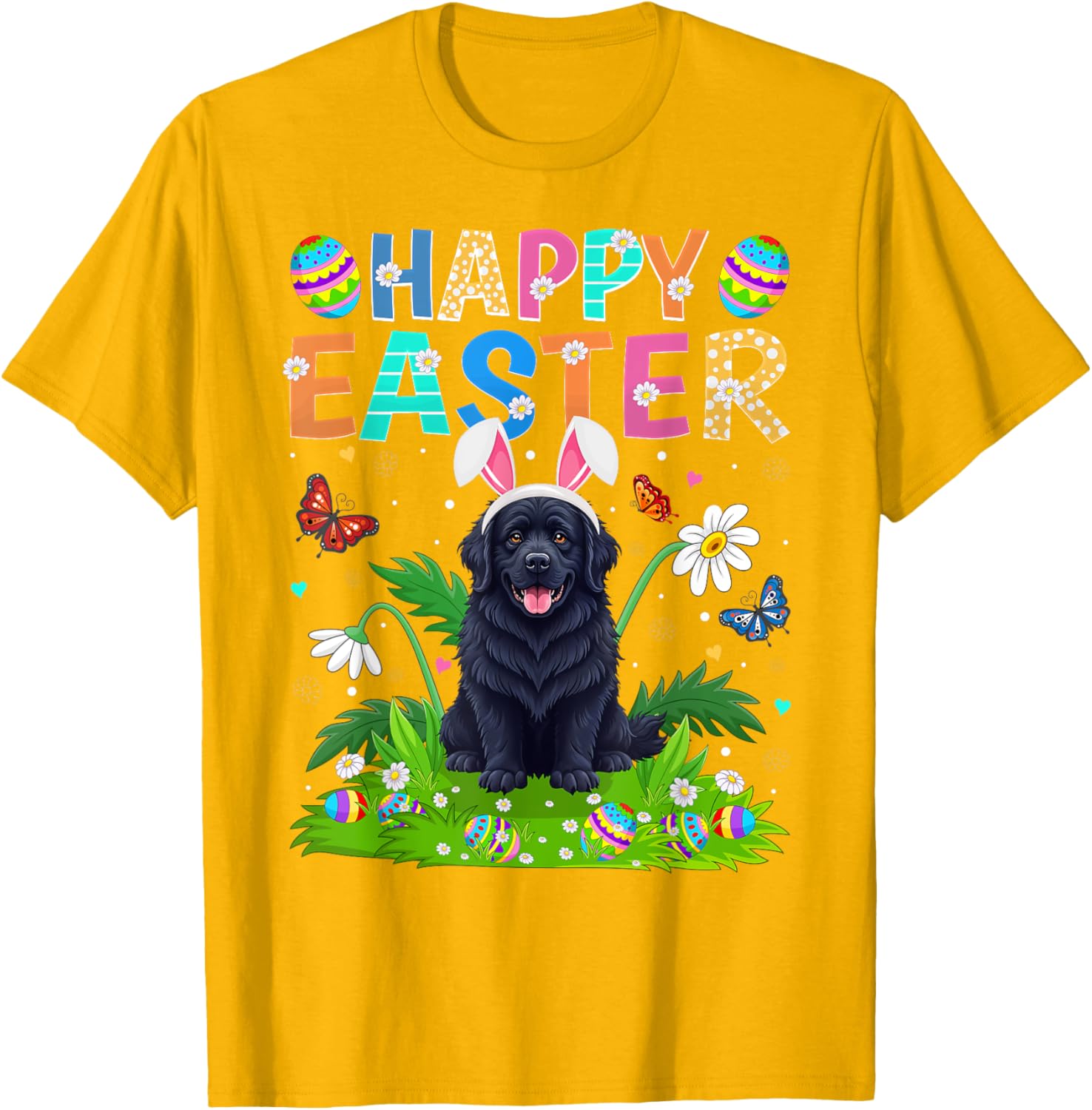 Newfoundland Dog Easter Egg Hunt T-Shirt with Bunny Ears Design - 17