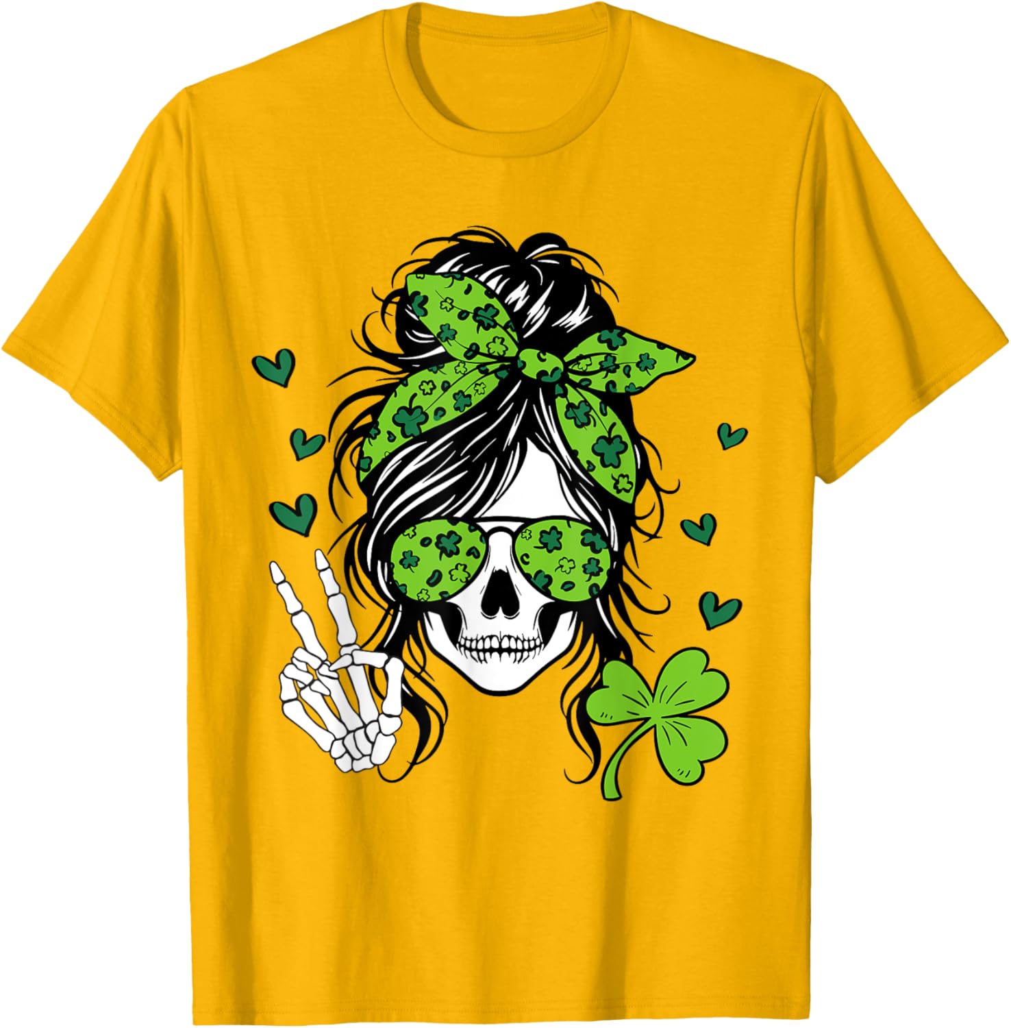 Lucky Irish Skull Girl T-Shirt for St. Patrick's Day with Messy Bun Design - 21