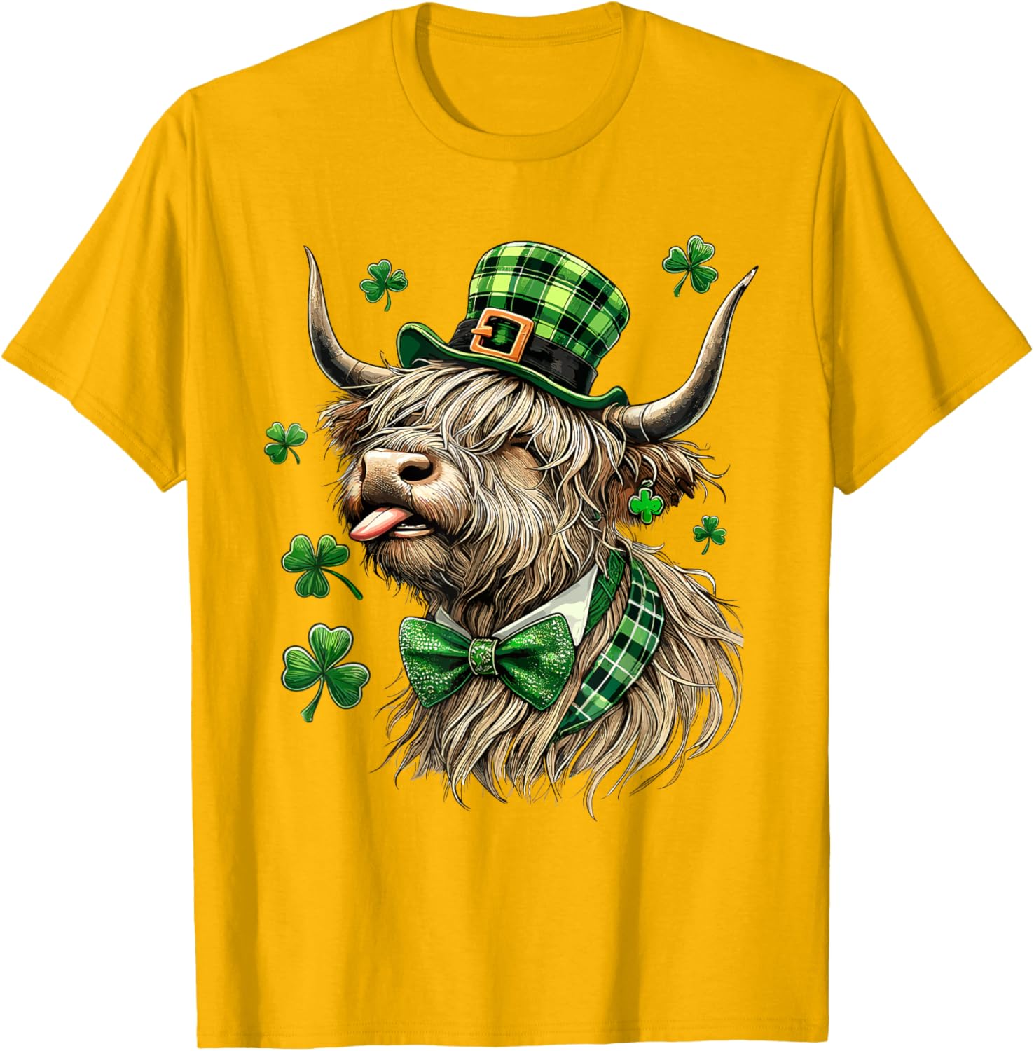 St. Patrick's Day Highland Cow T-Shirt with Lucky Shamrock Design - 1