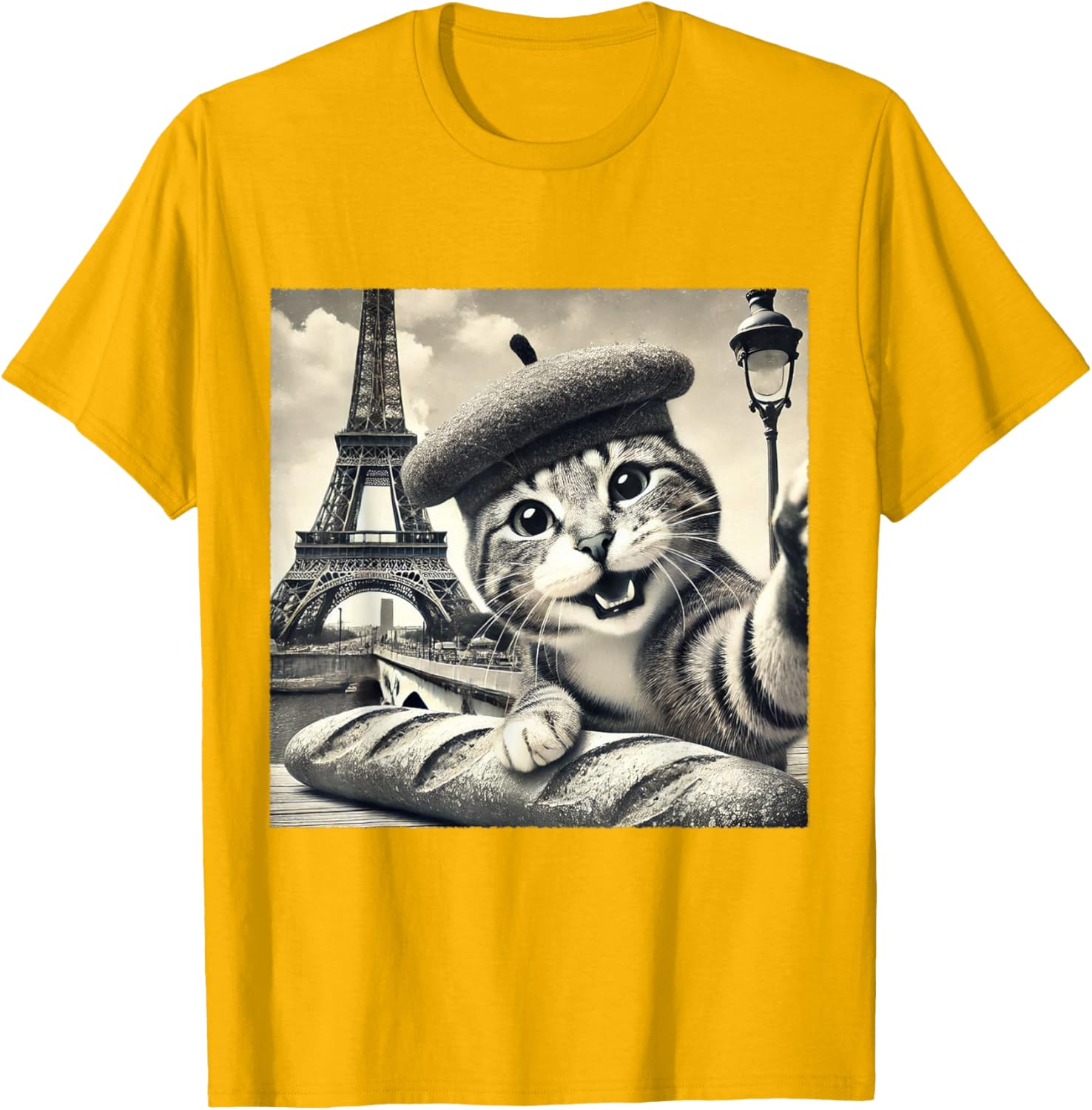 Funny Paris Cat in Beret with Baguette Eiffel Tower T-Shirt for Cat Lovers - 24