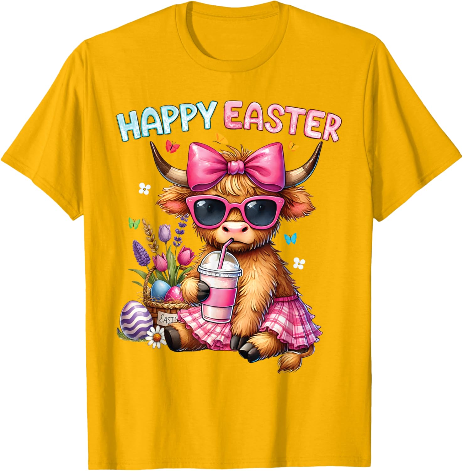 Happy Easter Highland Cow Bunny T-Shirt for Women and Kids - 21