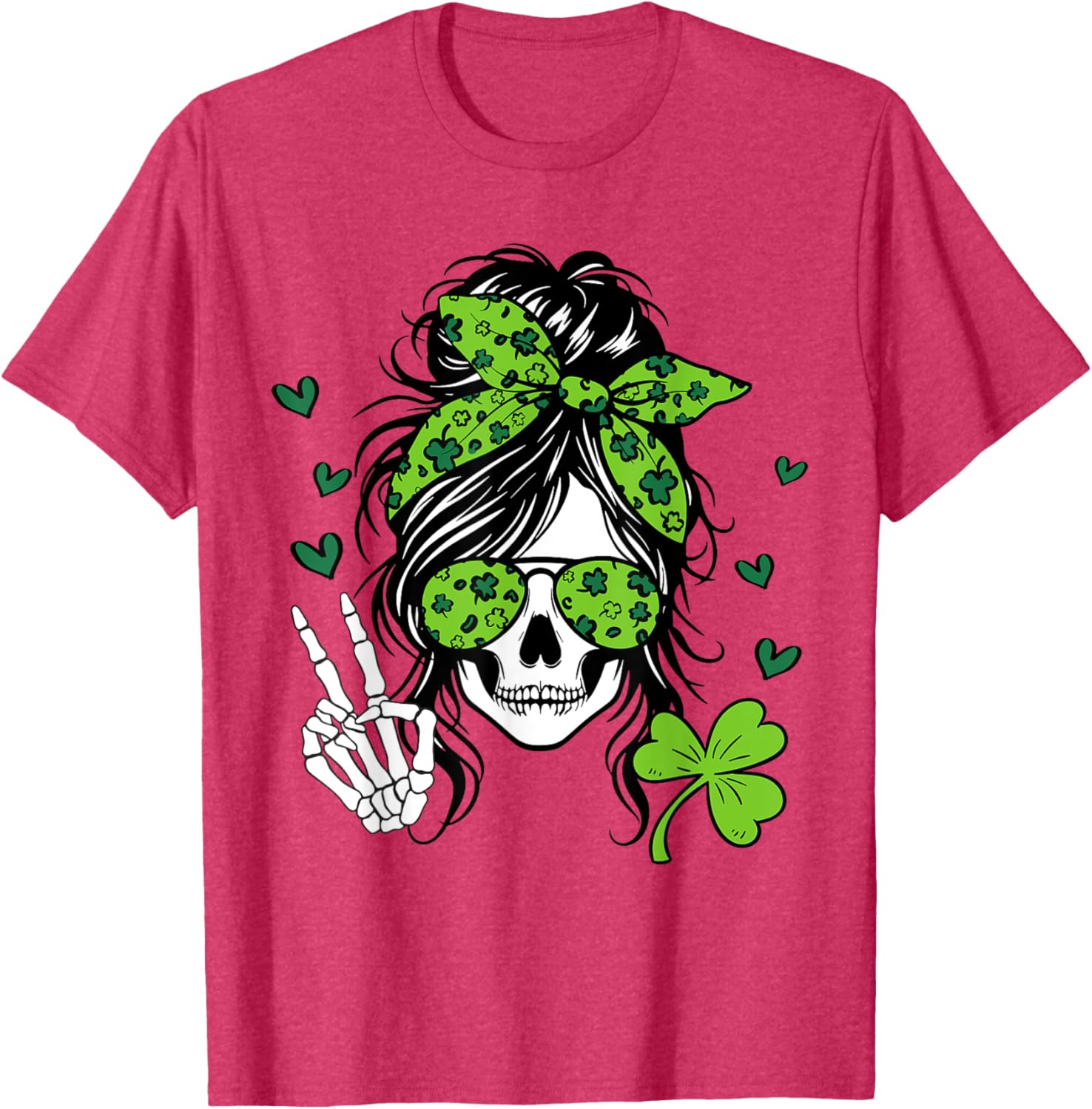 Lucky Irish Skull Girl T-Shirt for St. Patrick's Day with Messy Bun Design - 8