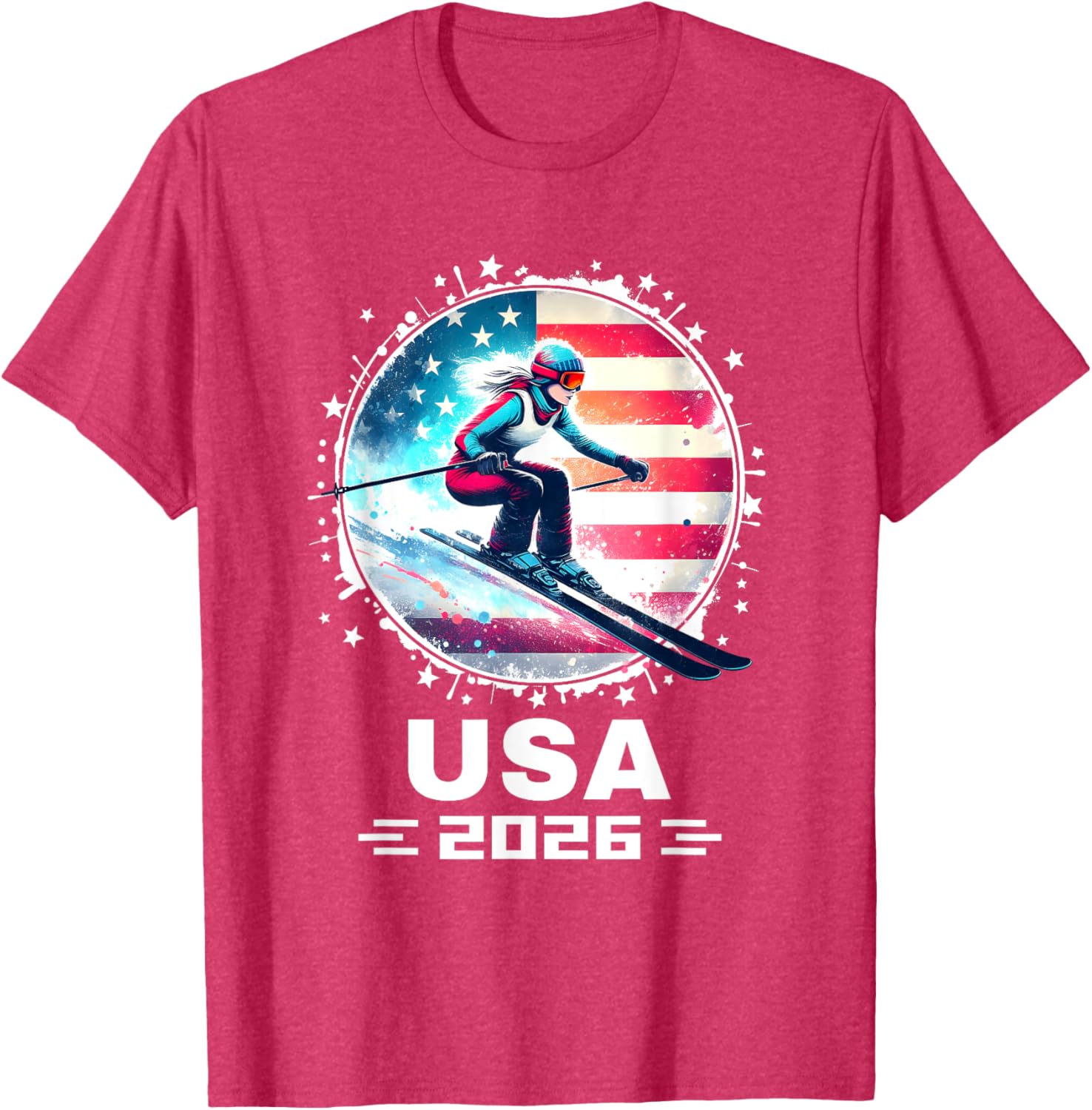 Skier USA Team 2026 Women's American Flag Skiing T-Shirt - 13