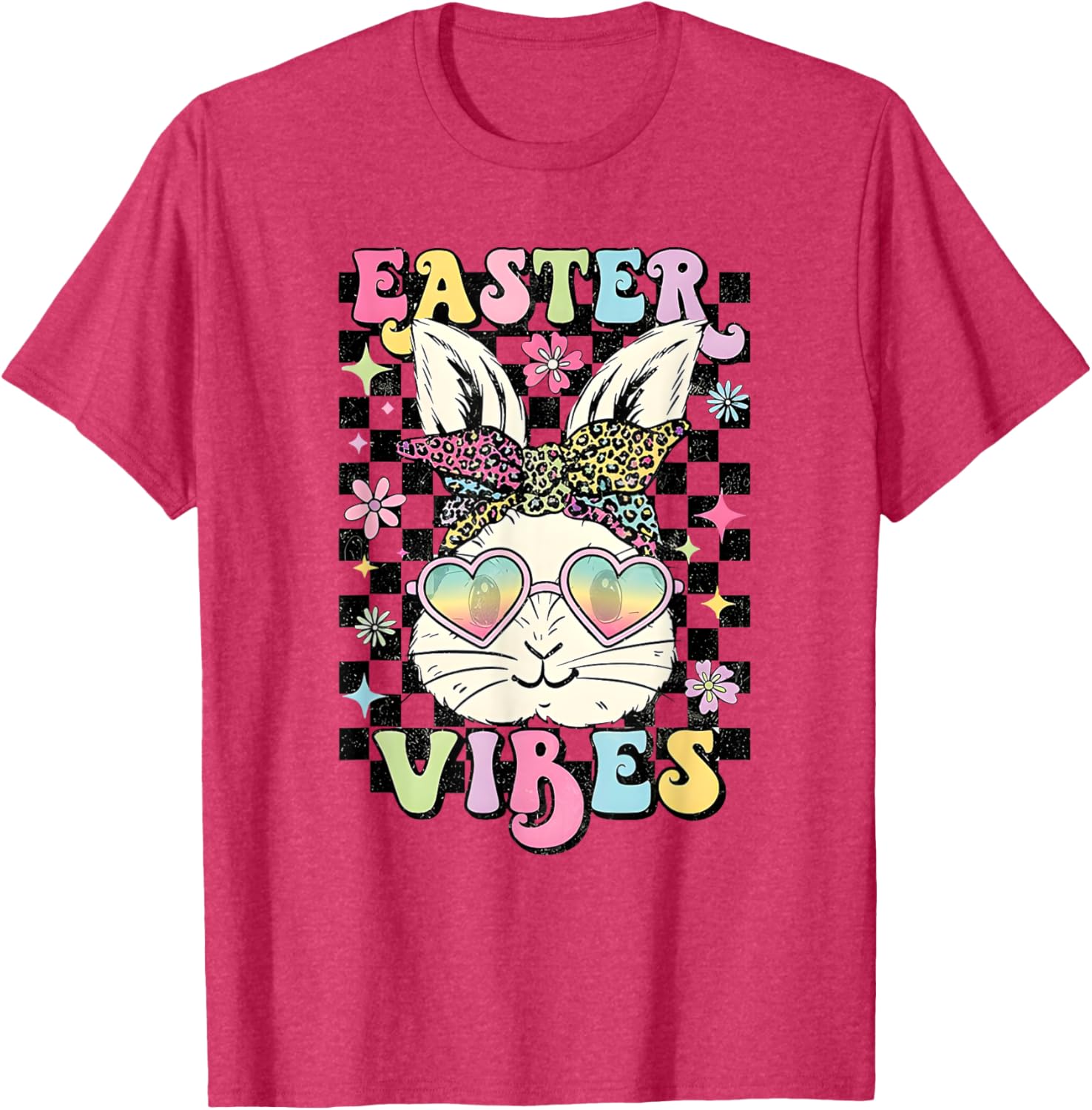 Retro Groovy Easter Vibes Bunny Checkered T-Shirt for Women and Girls - 20