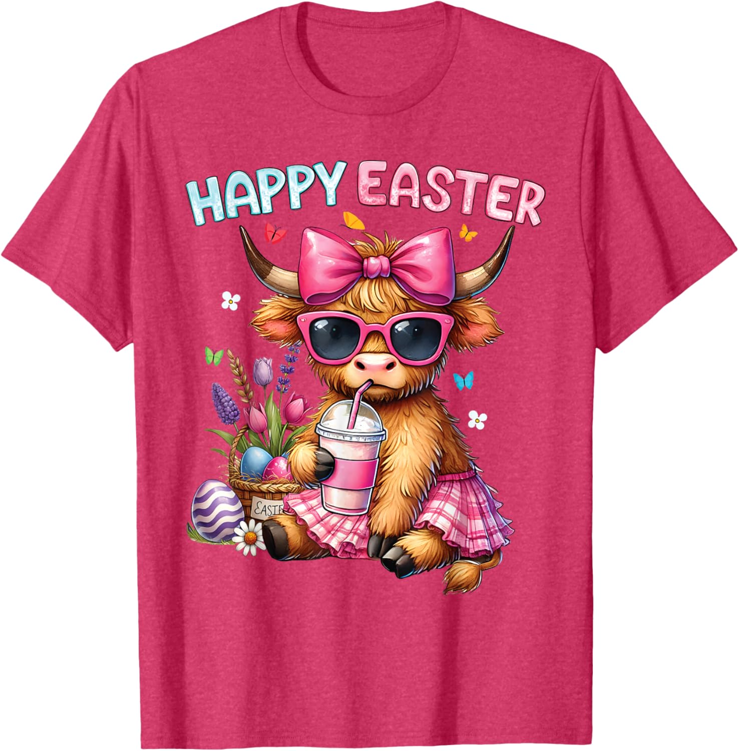 Happy Easter Highland Cow Bunny T-Shirt for Women and Kids - 10
