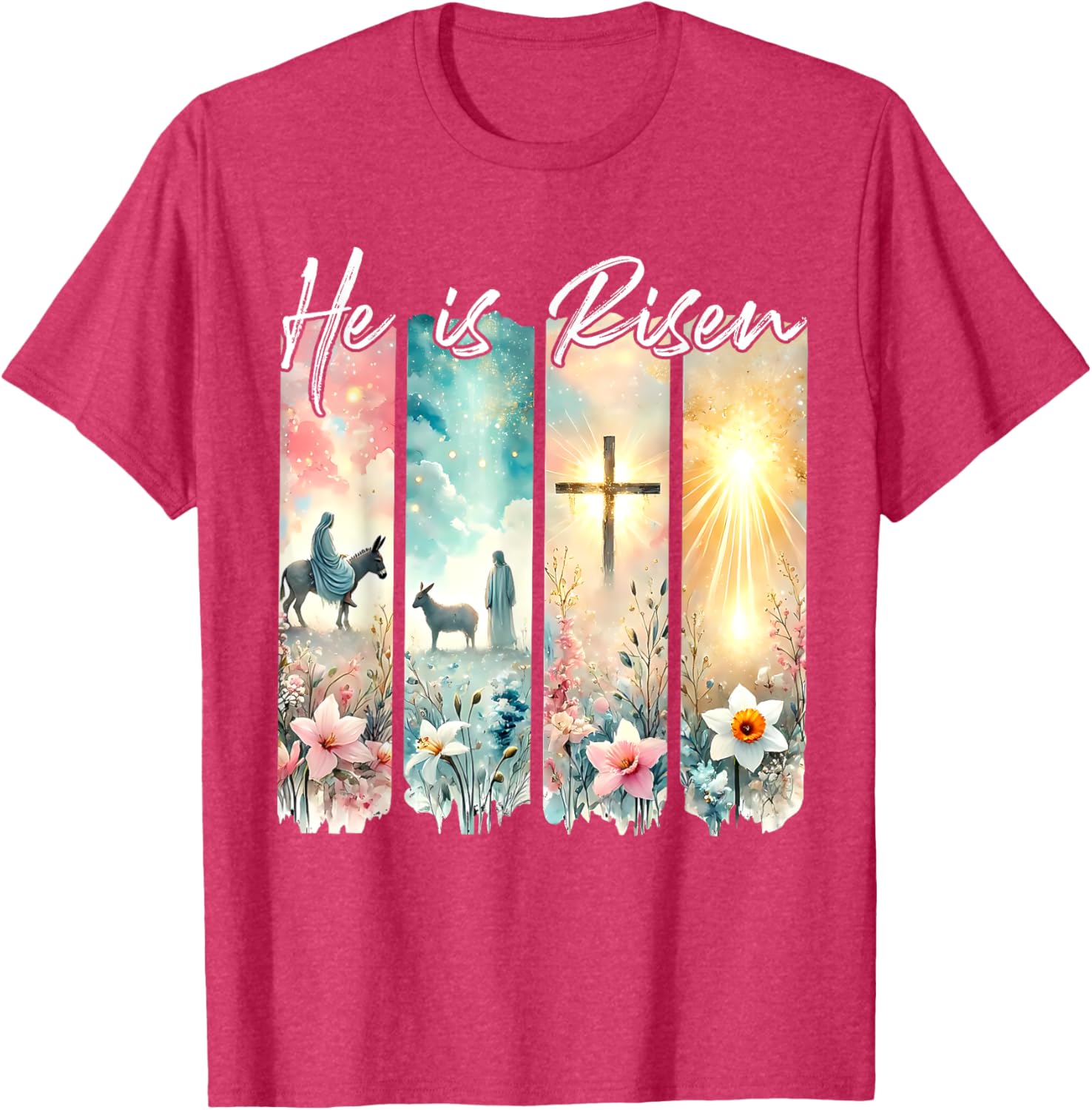 He Is Risen Floral Easter T-Shirt with Jesus Cross Design for Christians - 23