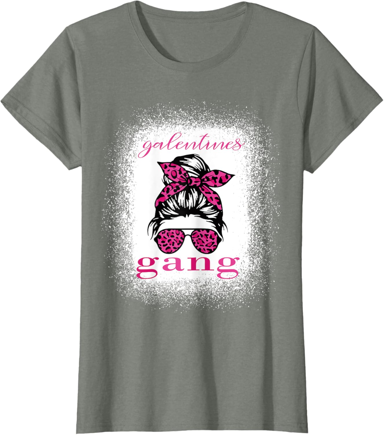 Galentine Gang Matching T-Shirt with Messy Bun Leopard Bleached Design - 3