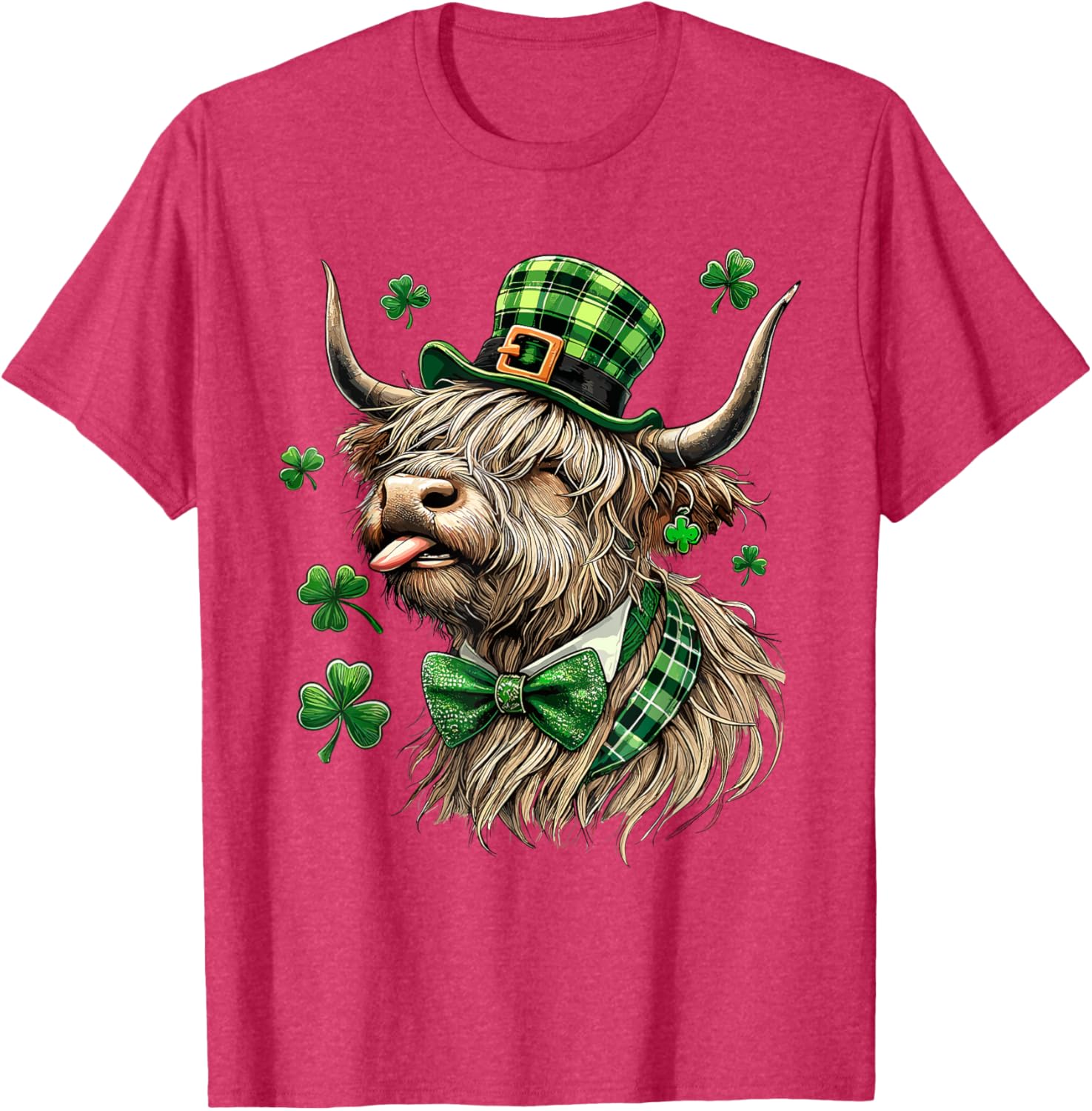 St. Patrick's Day Highland Cow T-Shirt with Lucky Shamrock Design - 7