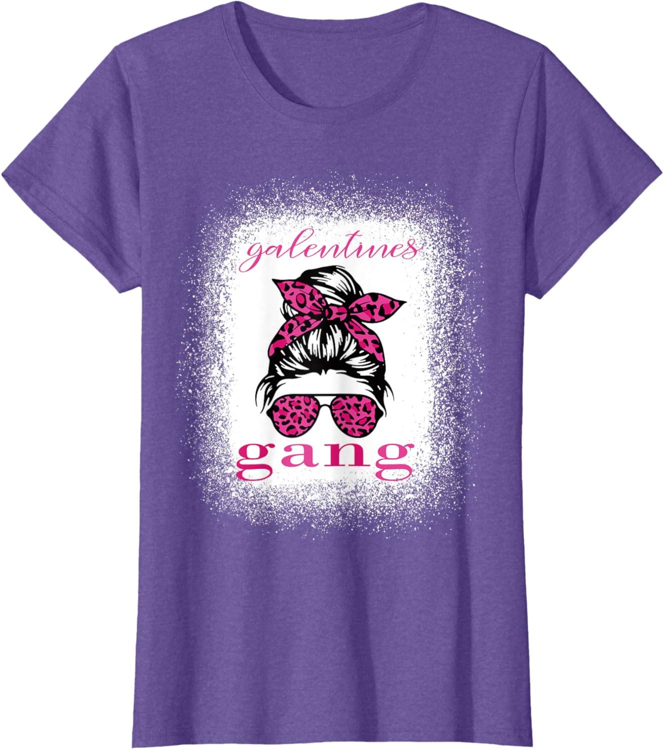 Galentine Gang Matching T-Shirt with Messy Bun Leopard Bleached Design - 16