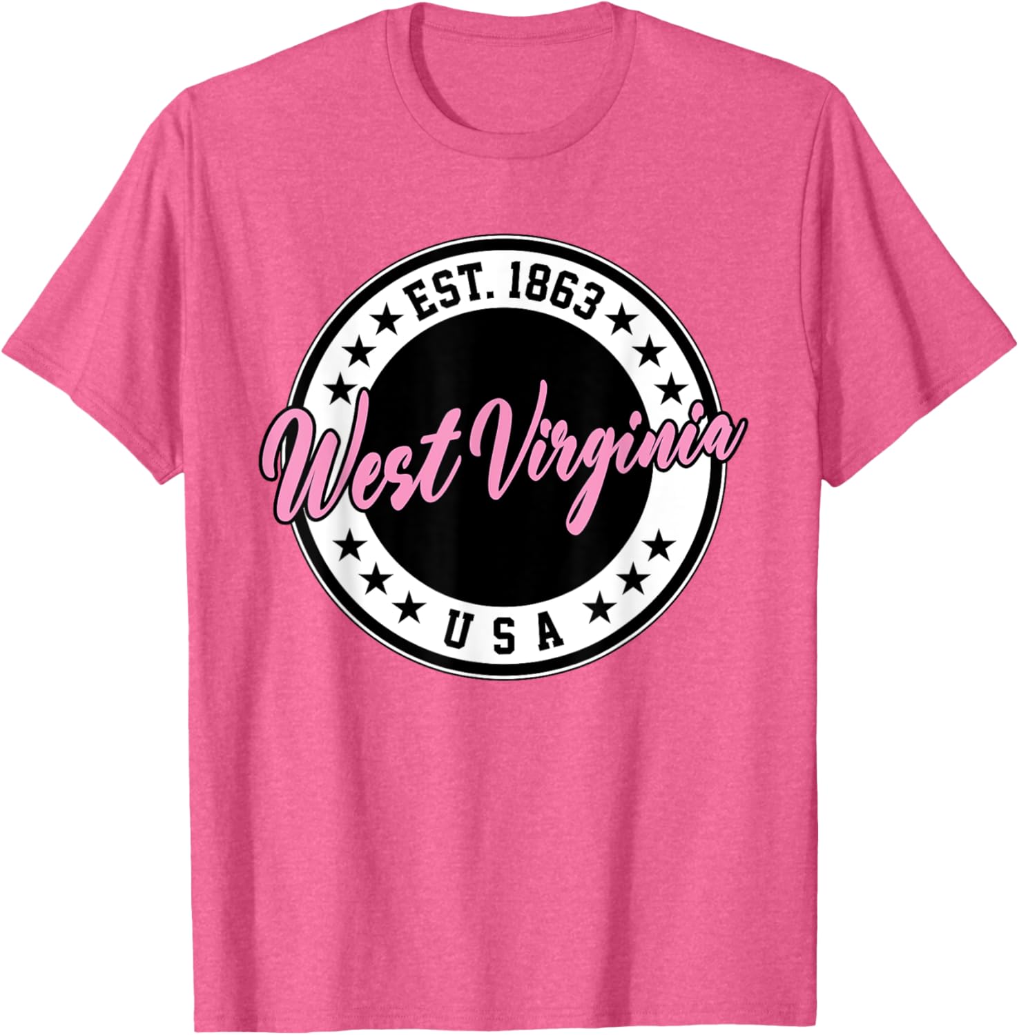 West Virginia Pink Text Script Circle T-Shirt for Women and Men - 3