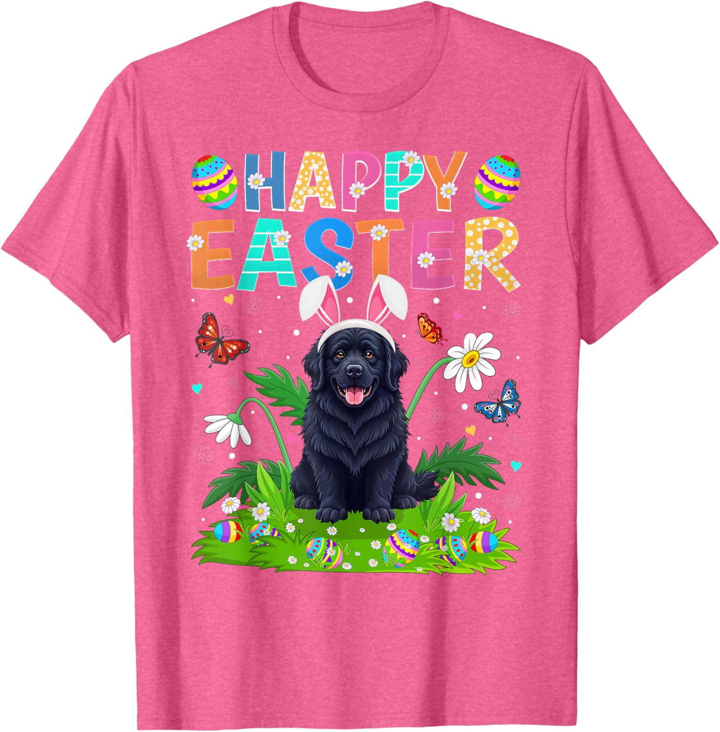 Newfoundland Dog Easter Egg Hunt T-Shirt with Bunny Ears Design - 16