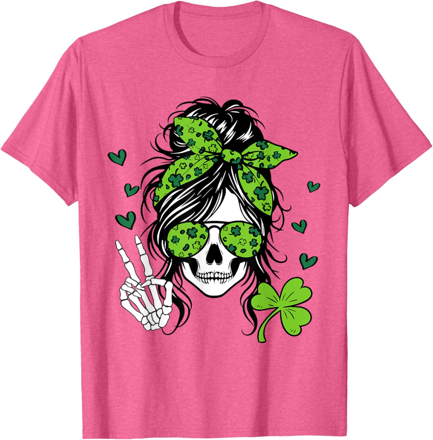 Lucky Irish Skull Girl T-Shirt for St. Patrick's Day with Messy Bun Design - 20