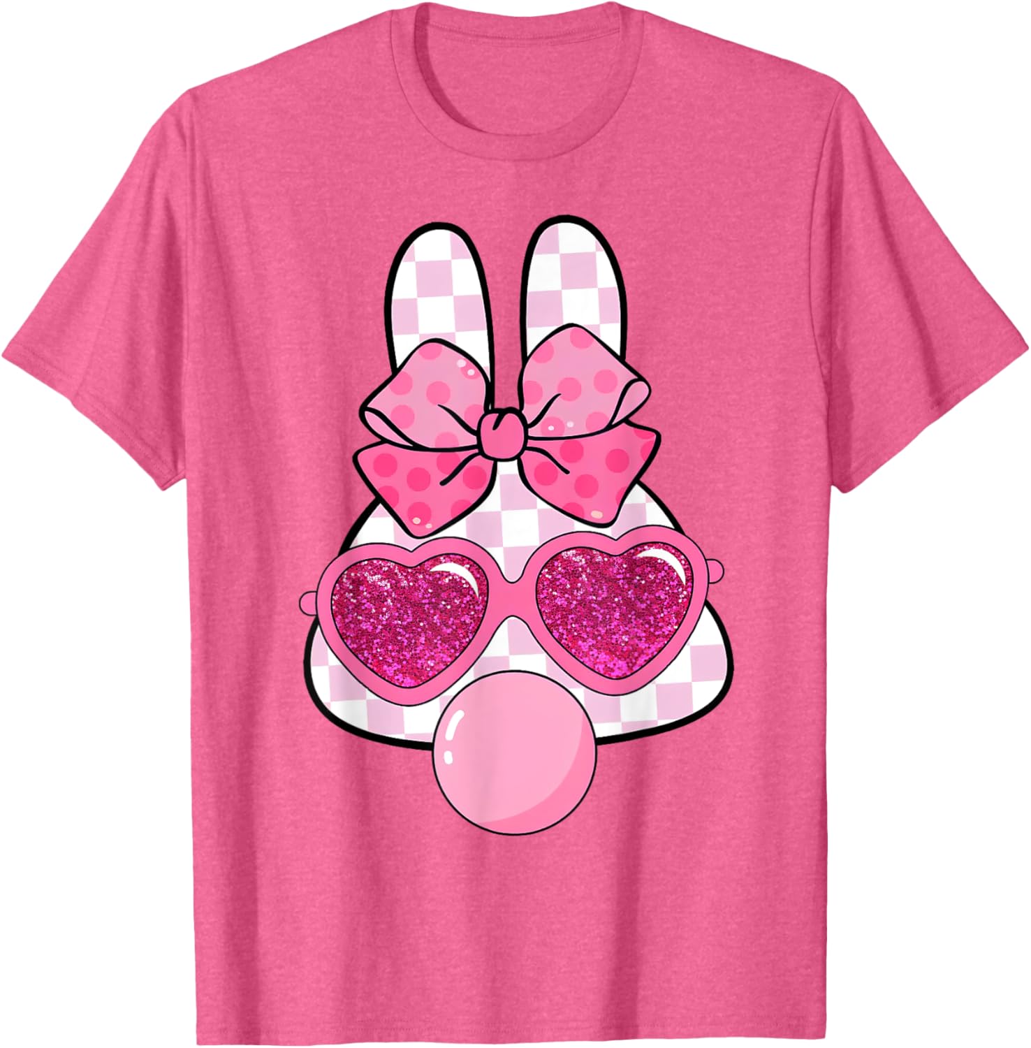 Checkered Bunny with Bubble Gum Coquette Bow Easter T-Shirt for Fun Style - 1