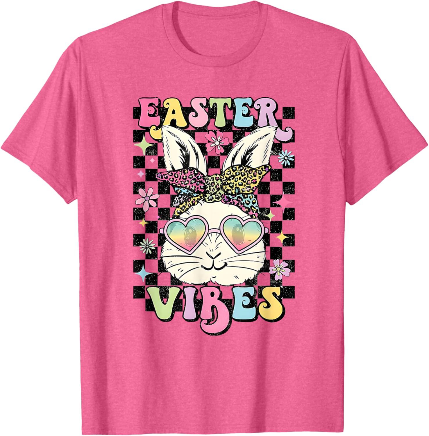 Retro Groovy Easter Vibes Bunny Checkered T-Shirt for Women and Girls - 19