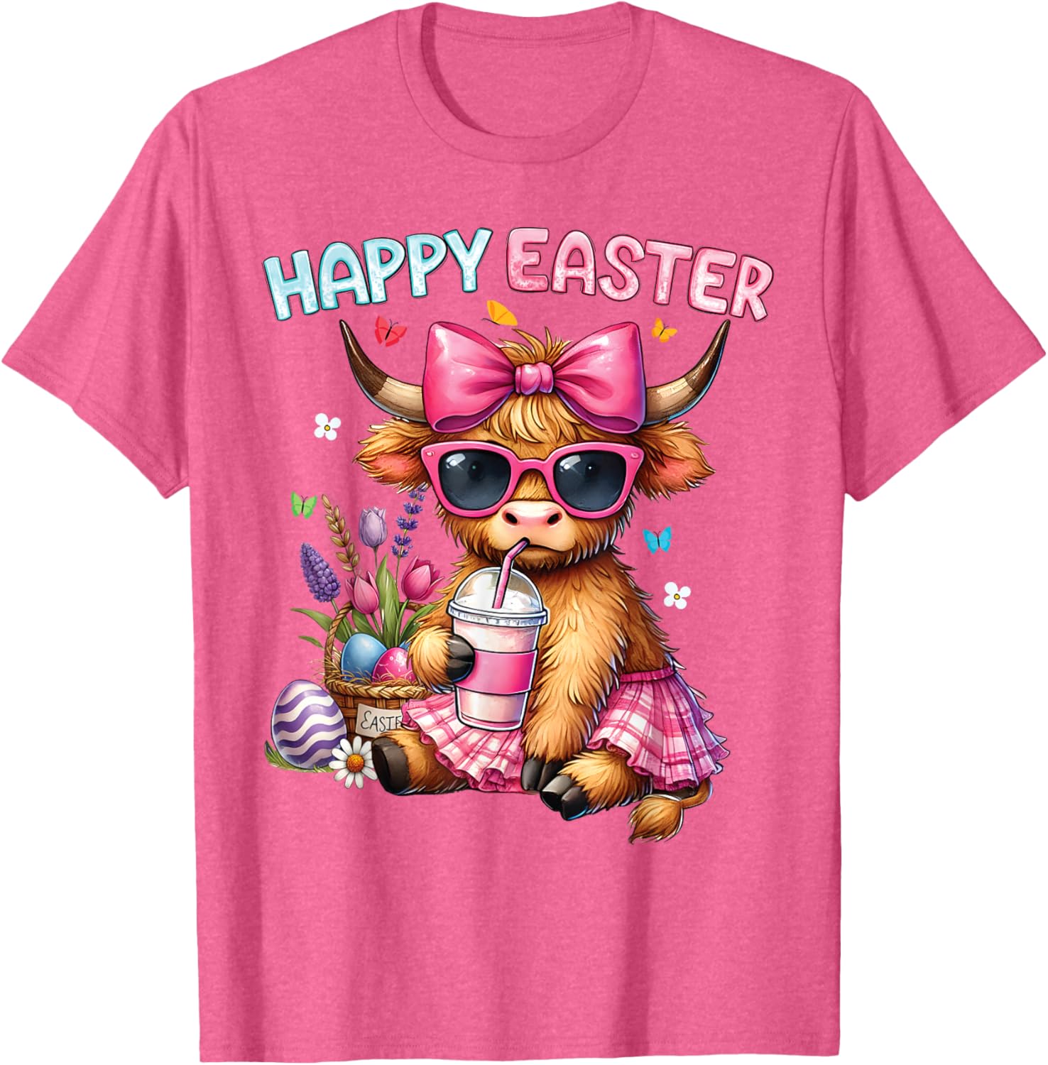 Happy Easter Highland Cow Bunny T-Shirt for Women and Kids - 25