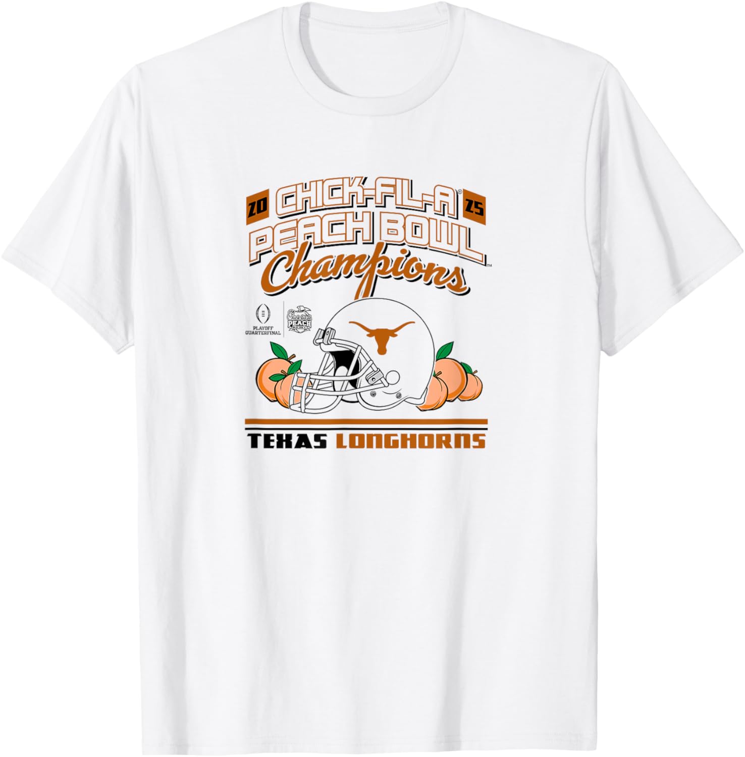 Texas Longhorns Peach Bowl Champions 2025 White Helmet T-Shirt - 1