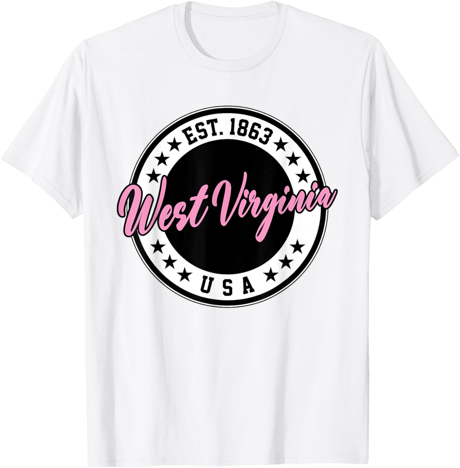 West Virginia Pink Text Script Circle T-Shirt for Women and Men - 21