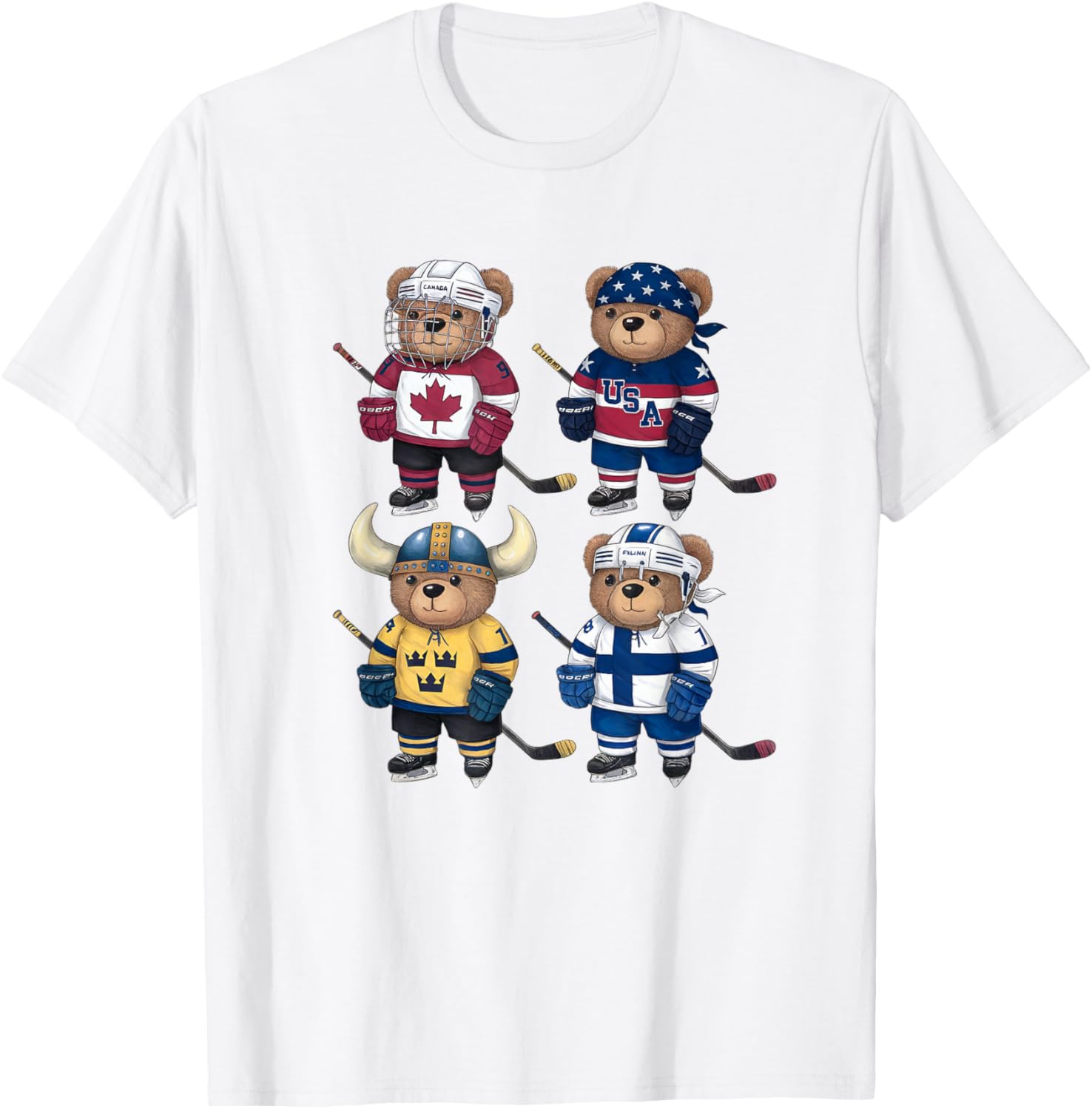 Four Nations Battle Teddy Bear Hockey Player T-Shirt for Fans - 17