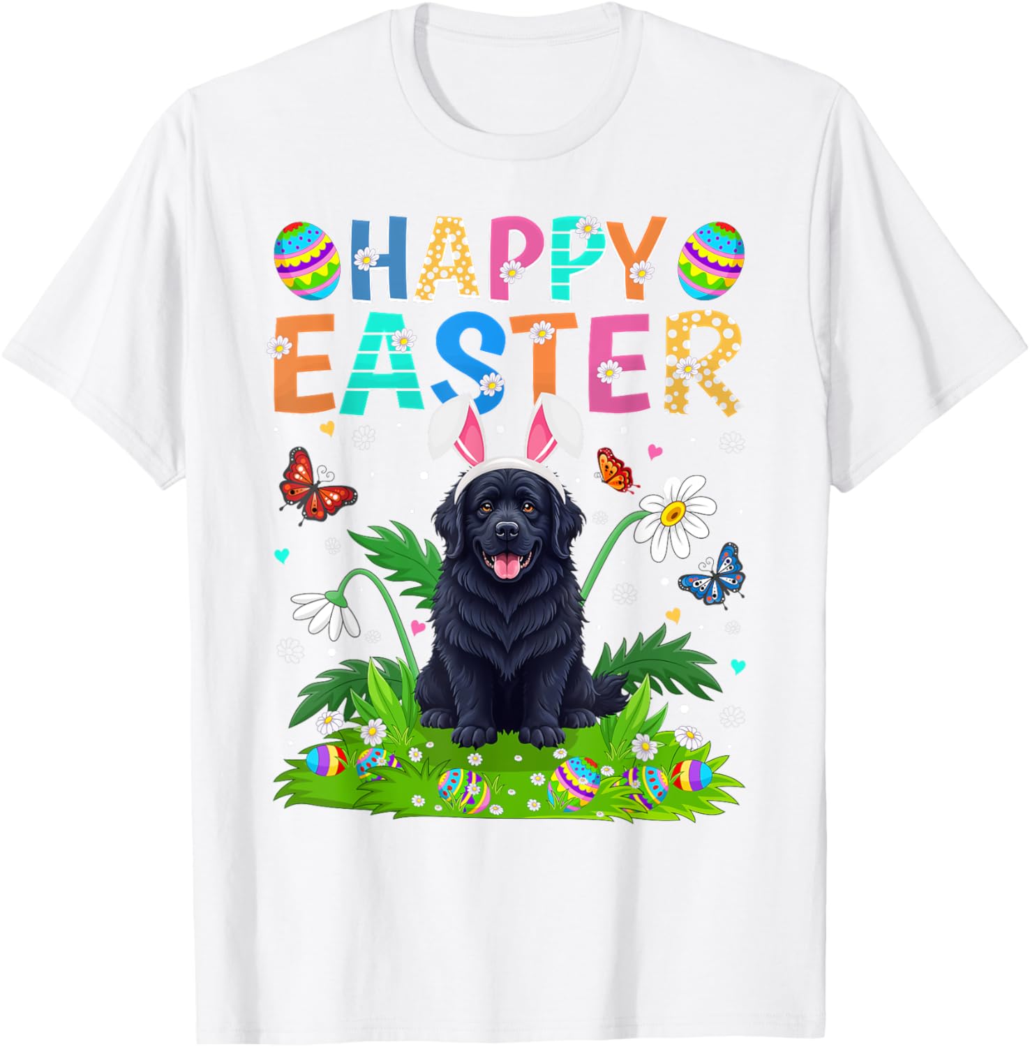 Newfoundland Dog Easter Egg Hunt T-Shirt with Bunny Ears Design - 11