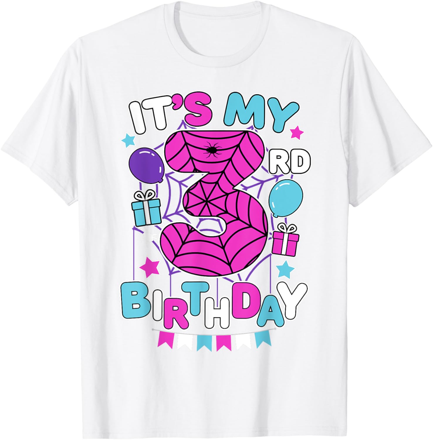 Cute 3rd Birthday Spider Web Theme T-Shirt for Girls Age Three - 8