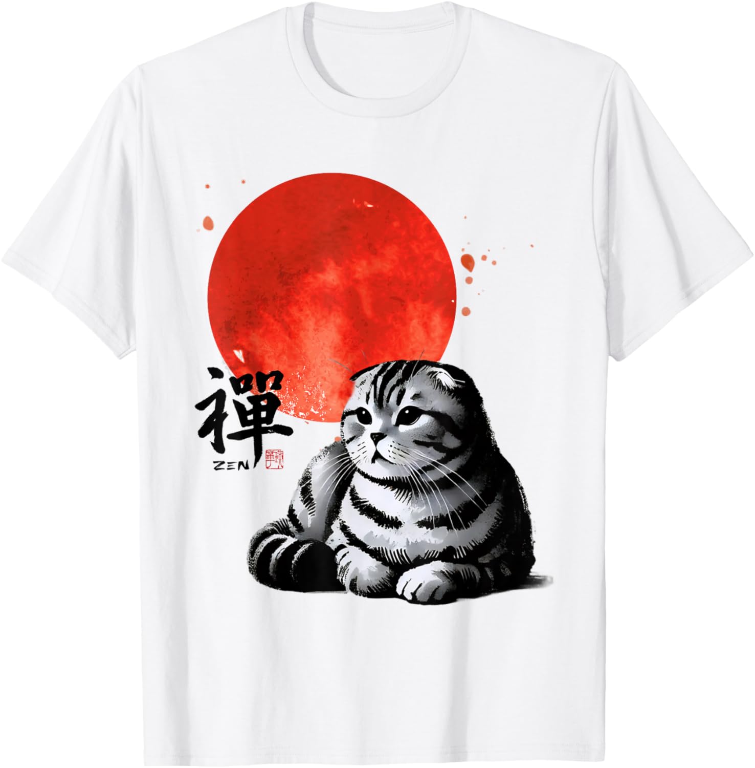 Scottish Fold Cat Sumi-e Art T-Shirt with Japanese Red Sun Design - 5