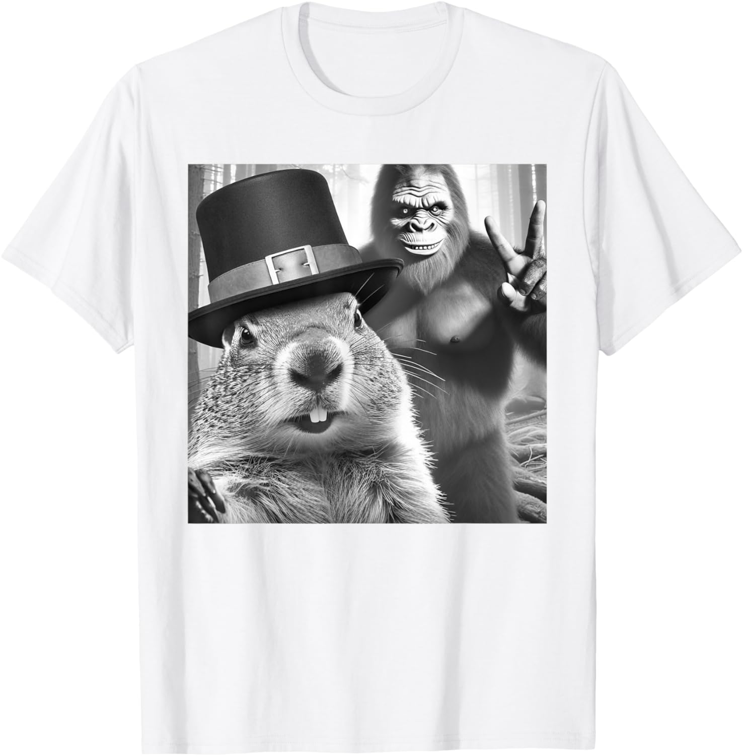 Funny Groundhog Day T-Shirt with Groundhog Taking Selfie with Bigfoot - 9