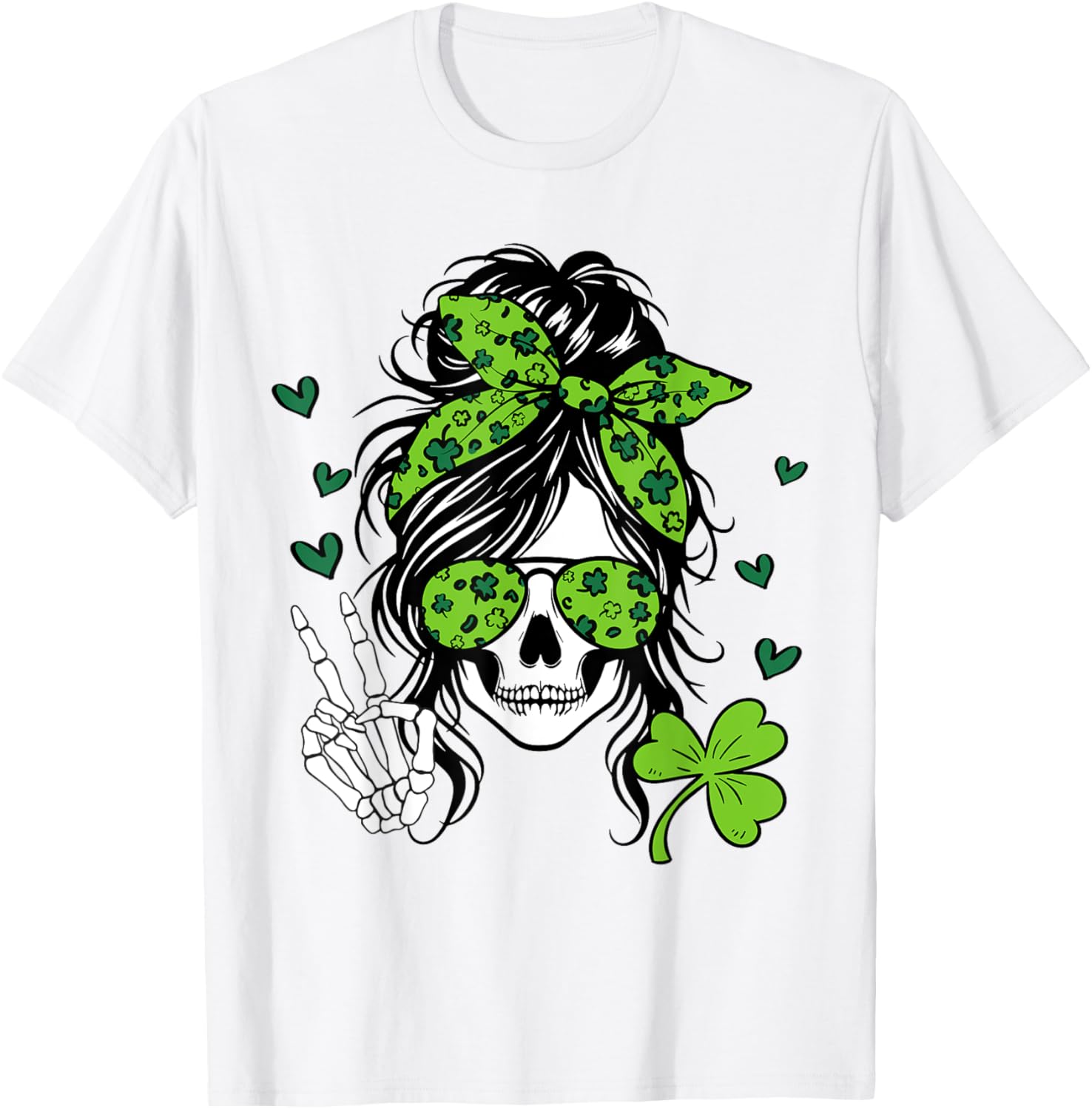 Lucky Irish Skull Girl T-Shirt for St. Patrick's Day with Messy Bun Design - 23