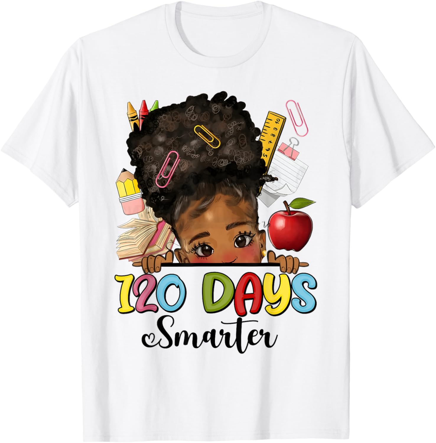 Messy Bun 120 Days Smarter Afro Girl T-Shirt for School Fun - 18