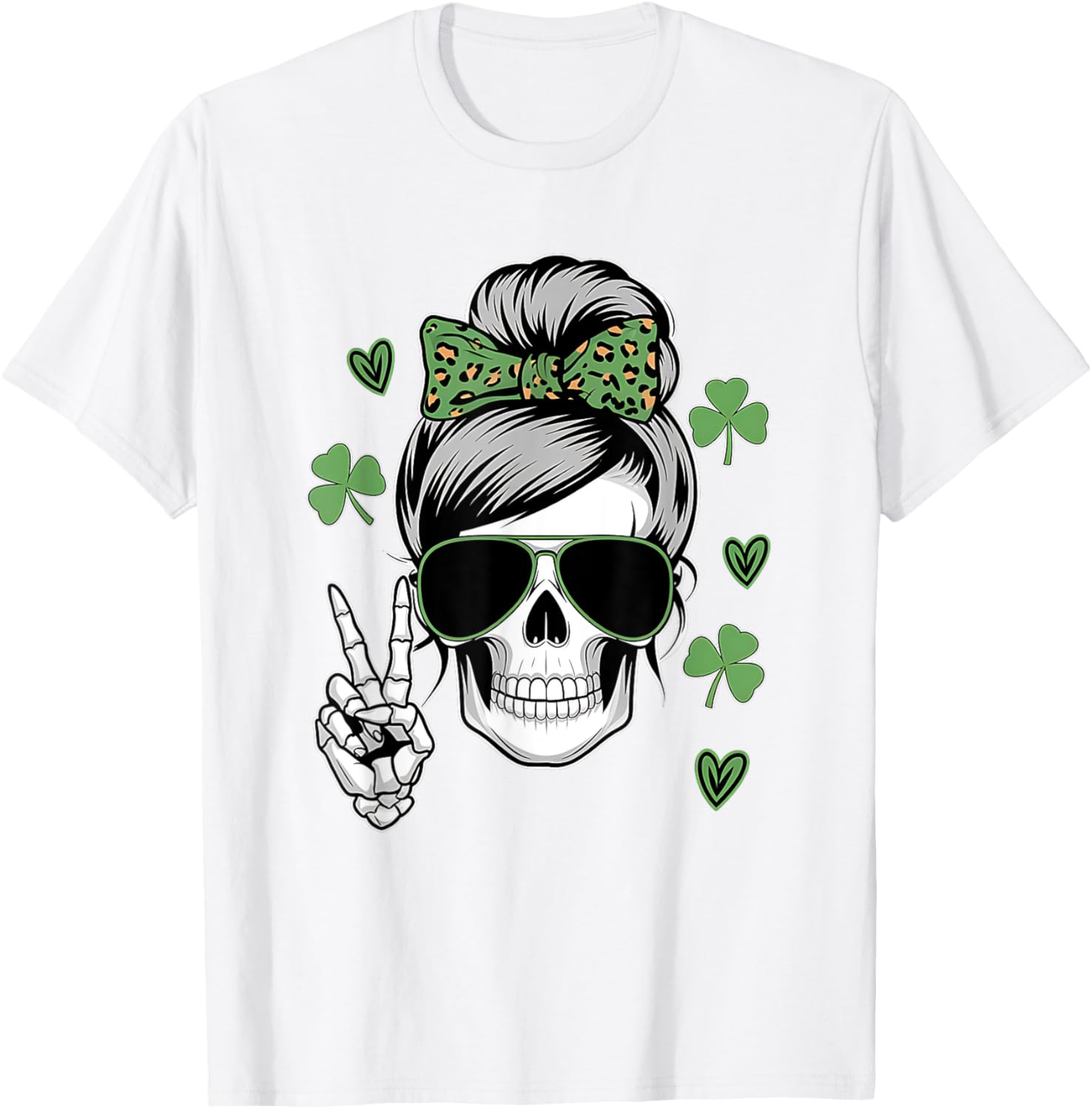 St Patricks Day Skull Messy Bun T-Shirt for Women - Fun and Stylish Wear - 19