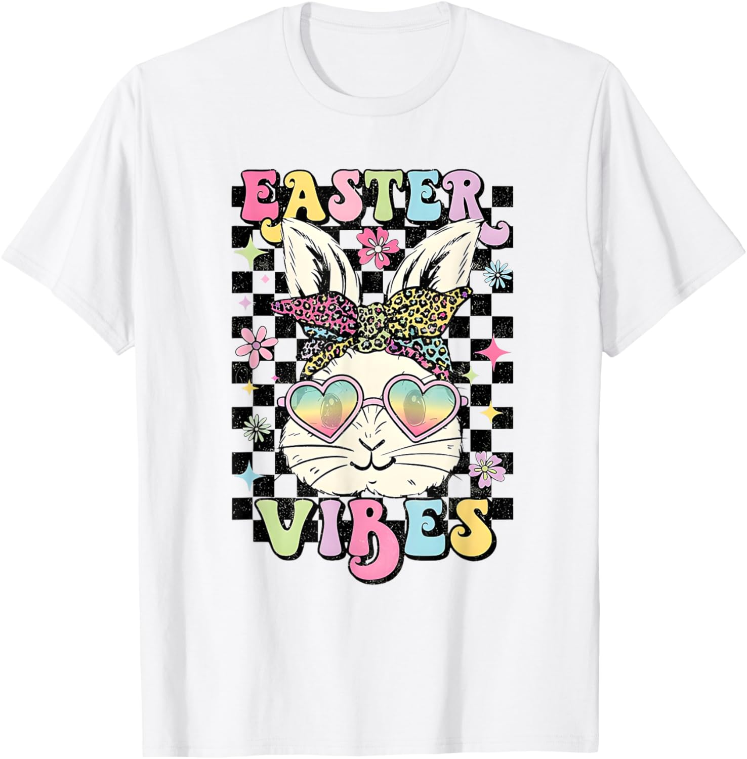 Retro Groovy Easter Vibes Bunny Checkered T-Shirt for Women and Girls - 12