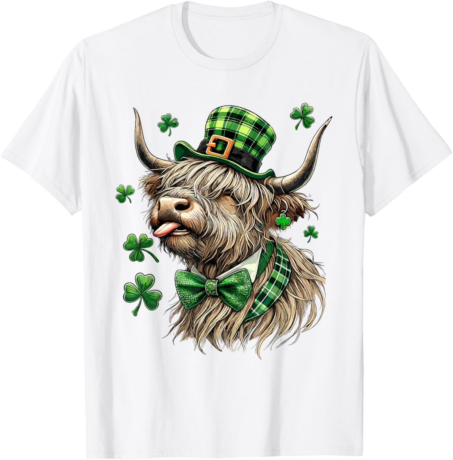 St. Patrick's Day Highland Cow T-Shirt with Lucky Shamrock Design - 16