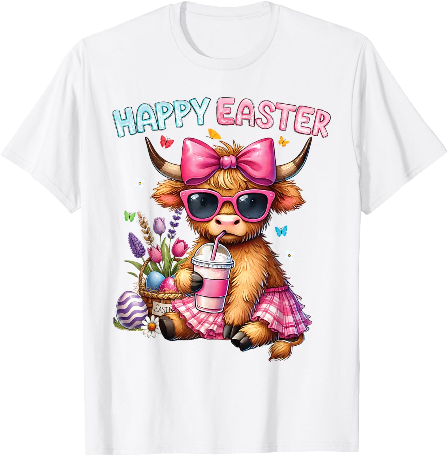 Happy Easter Highland Cow Bunny T-Shirt for Women and Kids - 15