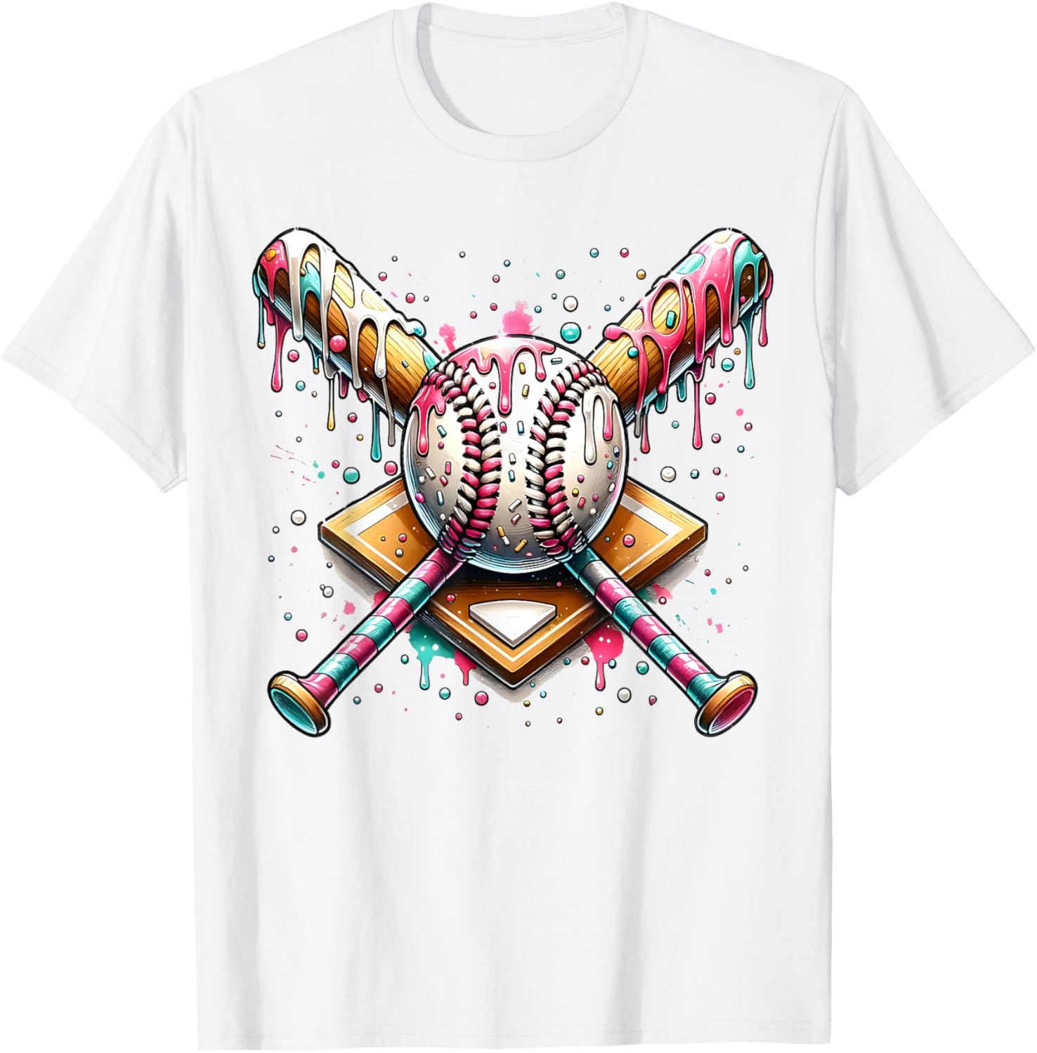 Baseball Home Plate Ice Cream Drip T-Shirt with Fun Colorful Sprinkles - 1