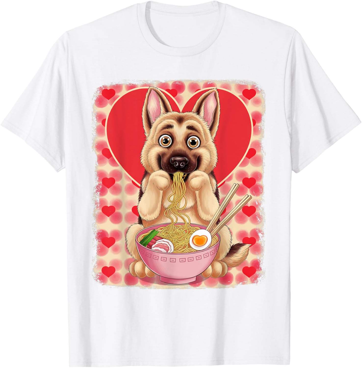 Adorable German Shepherd Eating Ramen Noodles Valentine's Day T-Shirt - 3