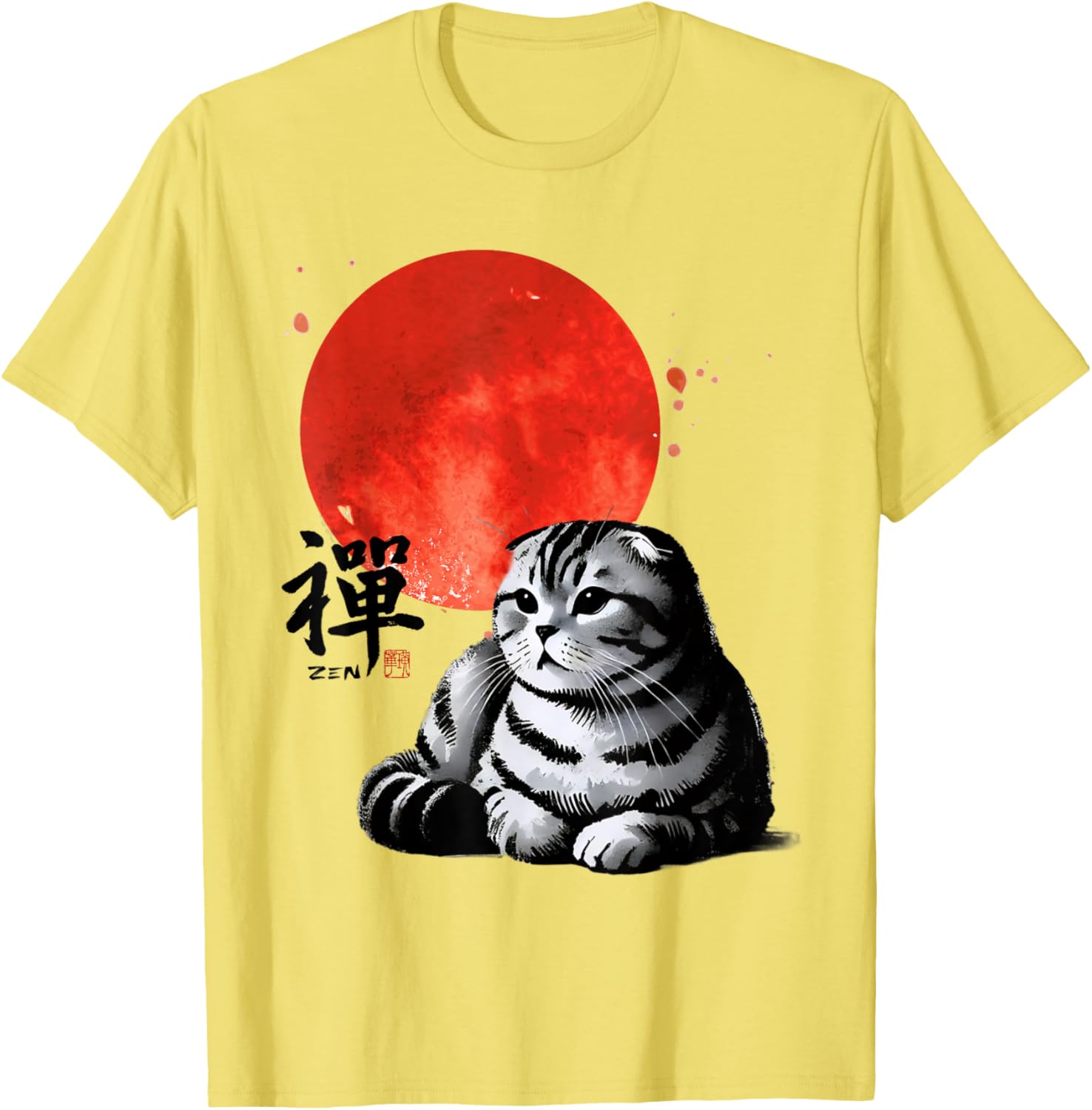 Scottish Fold Cat Sumi-e Art T-Shirt with Japanese Red Sun Design - 7