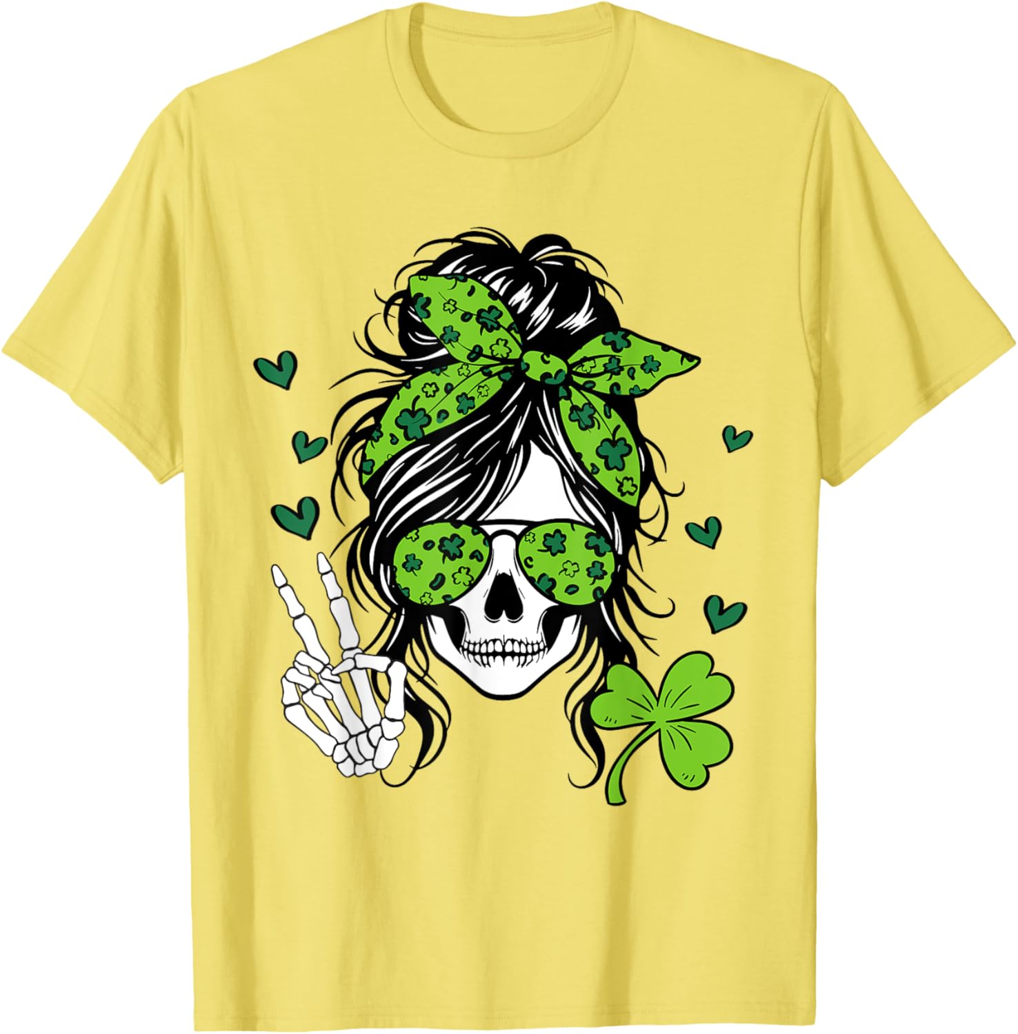 Lucky Irish Skull Girl T-Shirt for St. Patrick's Day with Messy Bun Design - 7