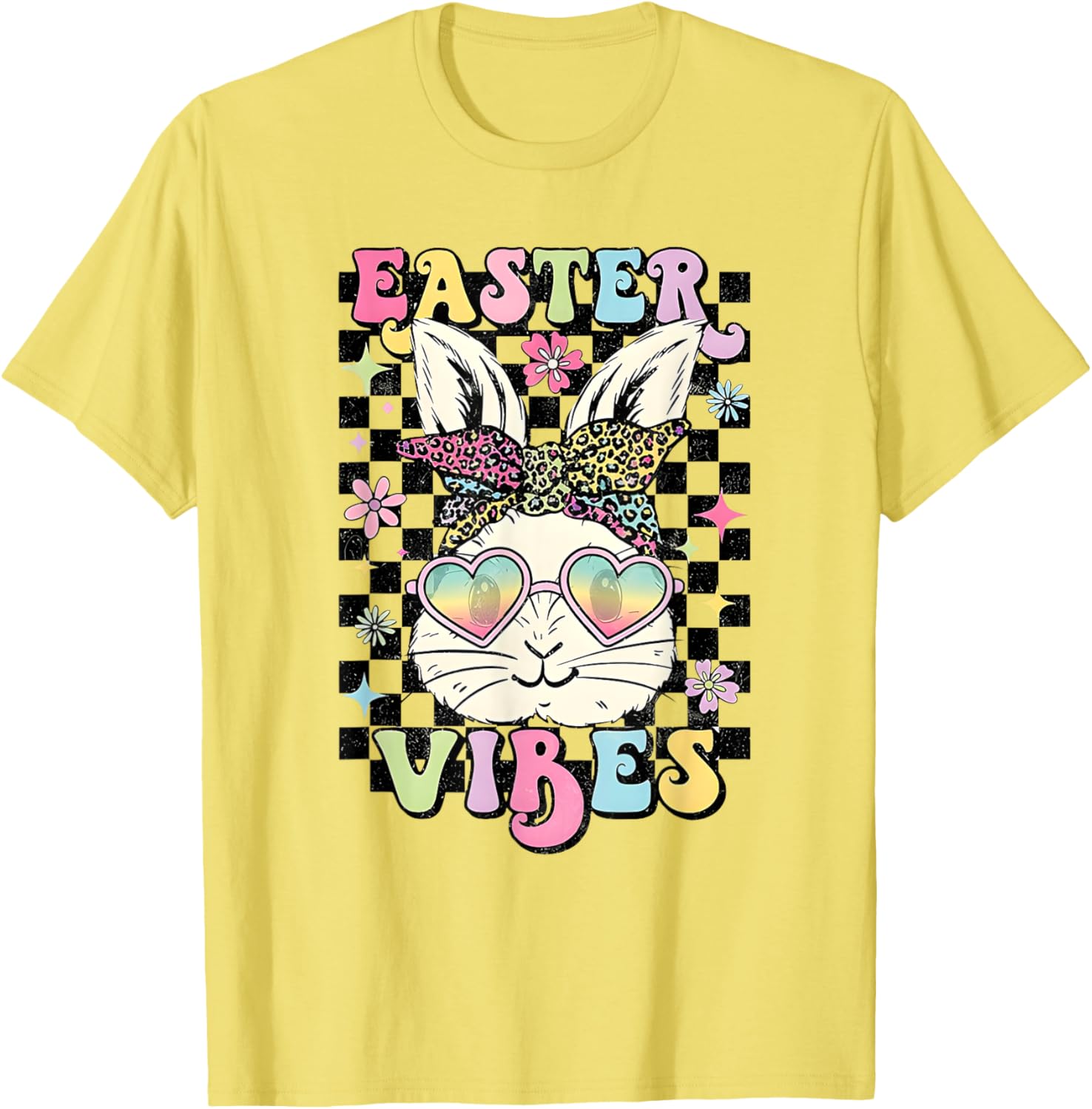 Retro Groovy Easter Vibes Bunny Checkered T-Shirt for Women and Girls - 18