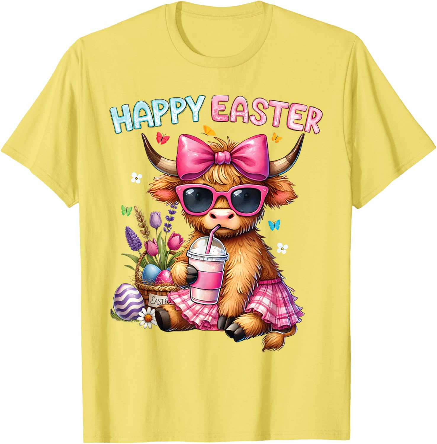 Happy Easter Highland Cow Bunny T-Shirt for Women and Kids - 3