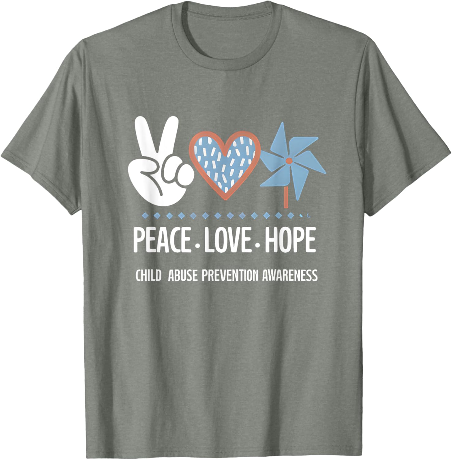 Peace Love Hope Pinwheel T-Shirt for Child Abuse Prevention Awareness - 1