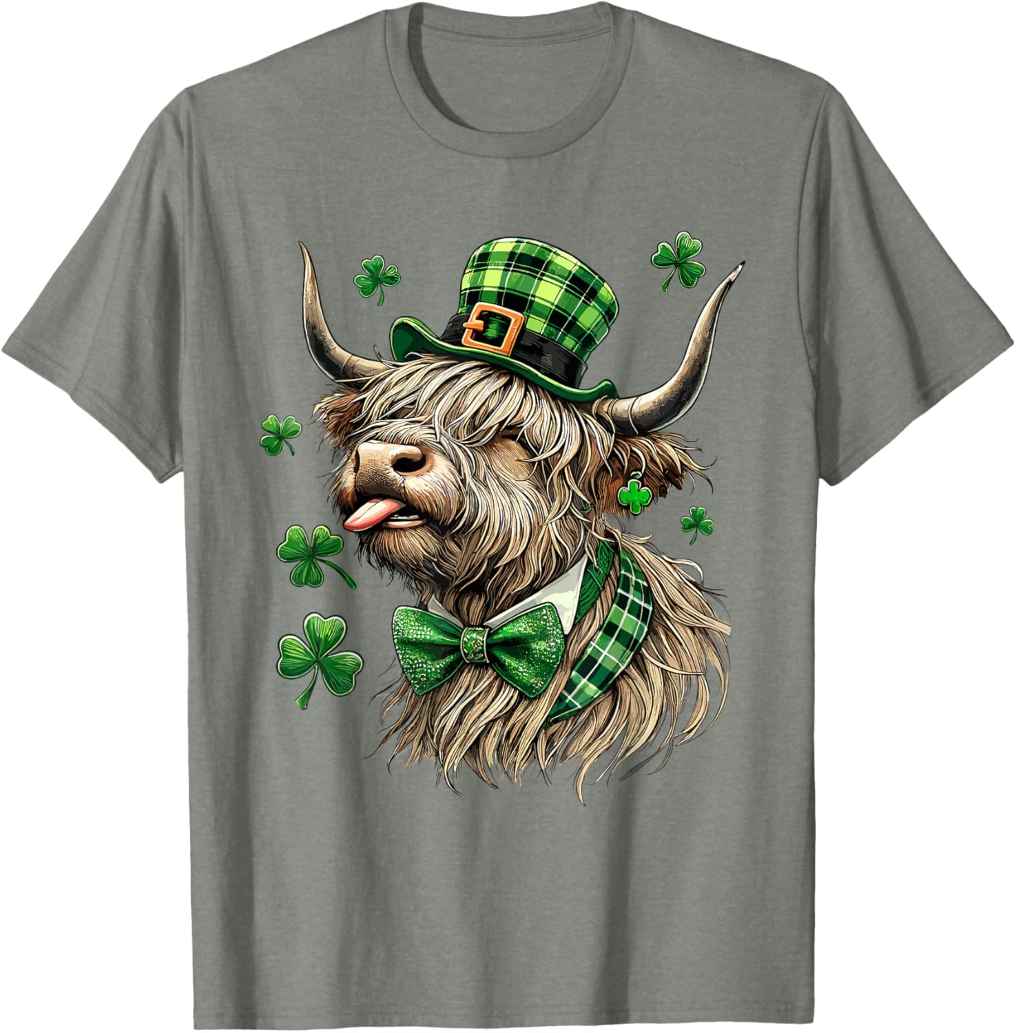 St. Patrick's Day Highland Cow T-Shirt with Lucky Shamrock Design - 2