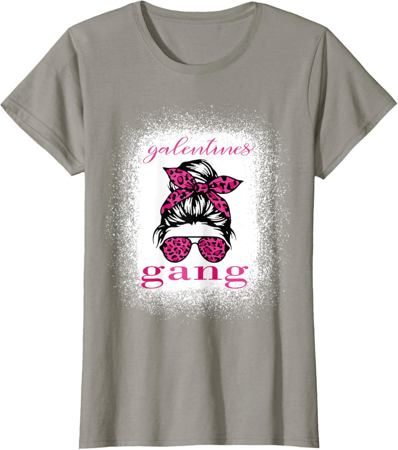 Galentine Gang Matching T-Shirt with Messy Bun Leopard Bleached Design - 18